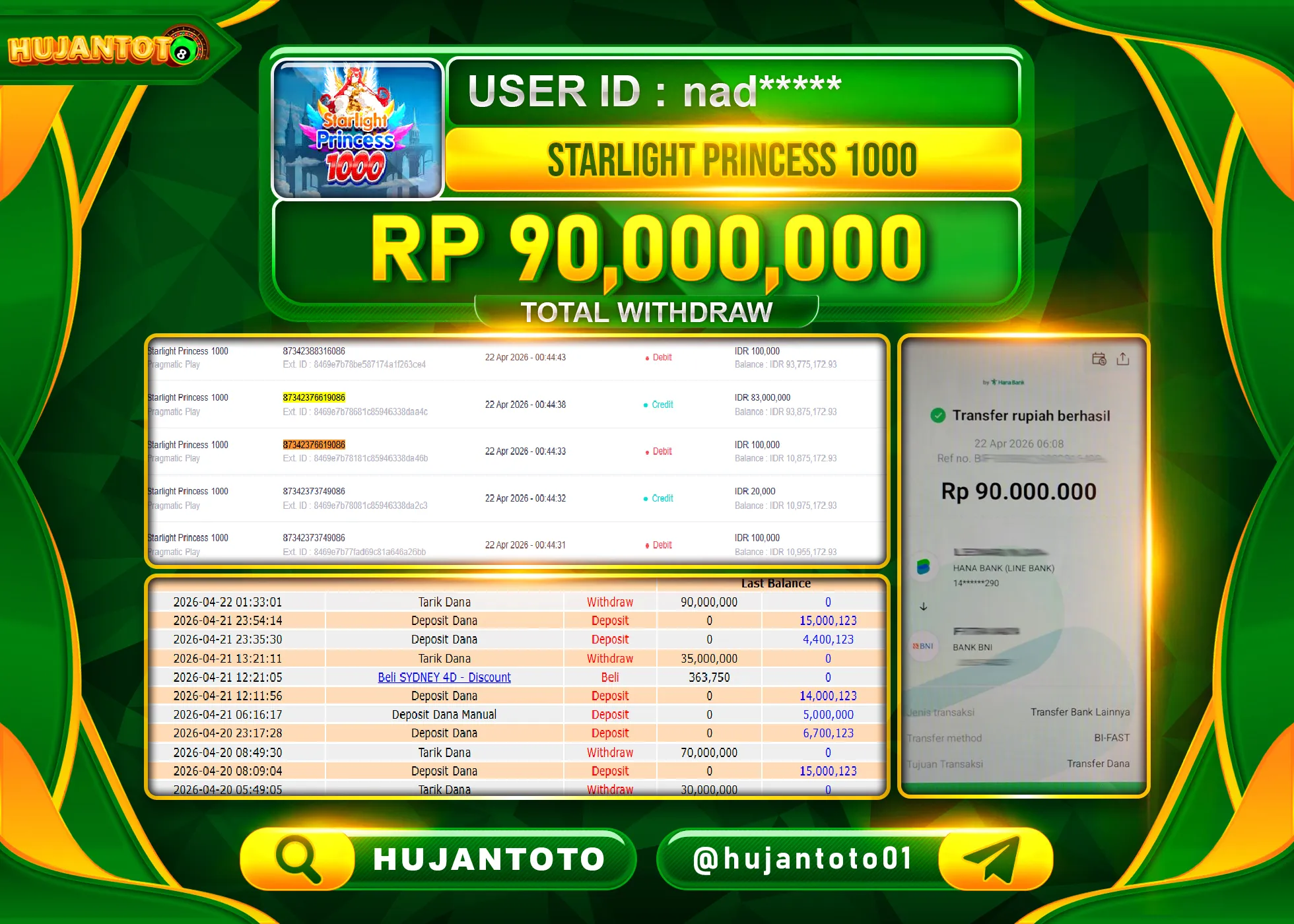 HUJANTOTO - BUKTI JACKPOT MENANG STARLIGHT PRINCESS 1000 Rp.90,000,000 - TERBAYAR LUNAS