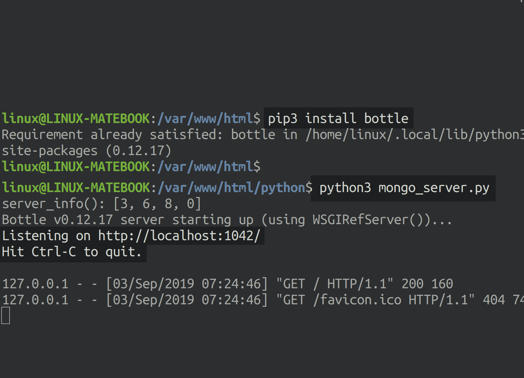 Screenshot of a terminal window running a Bottle server in Python that gets MongoDB database names