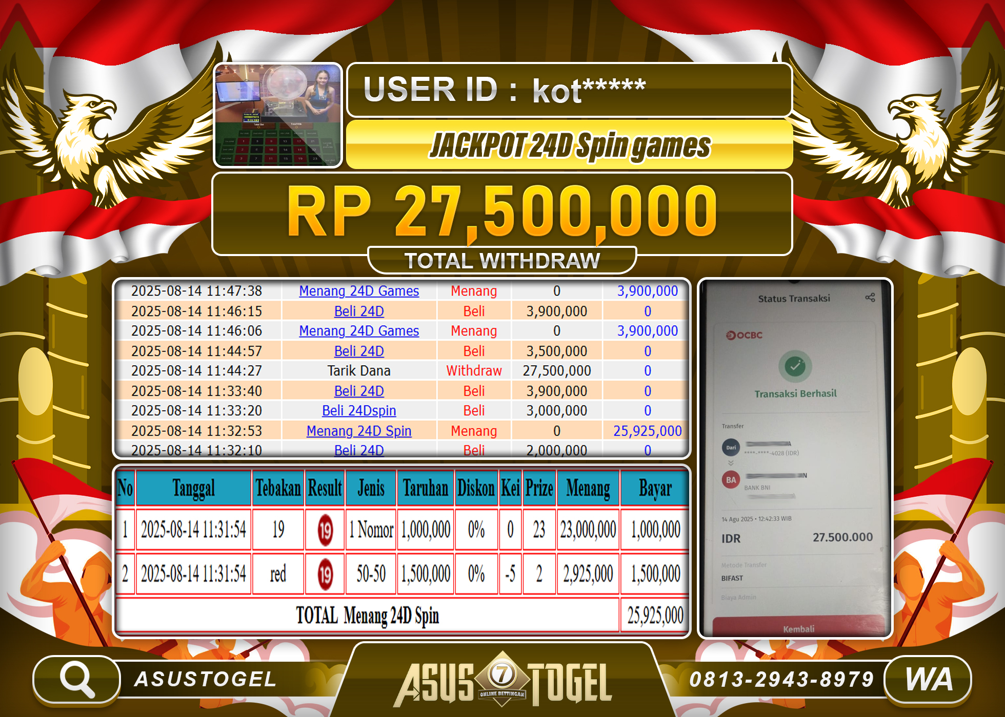 ASUSTOGEL KEMENANGAN DI LIVE GAMES 24D SPIN SEBESAR 27,500,000- RUPIAH LUNAS