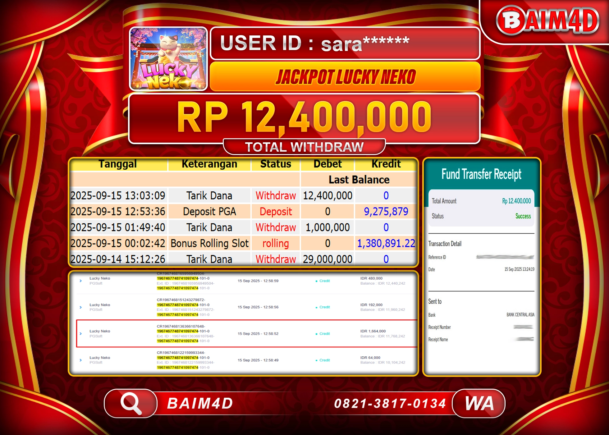 BAIM4D JACKPOT SLOT LUCKY NEKO PGSOFT Rp.12,400,000.- LUNAS