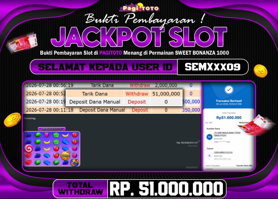 HAPPY JACKPOT MEMBER PAGITOTO SLOT SWEET BONANZA 1000 Rp 51.000.000-, - LUNAS