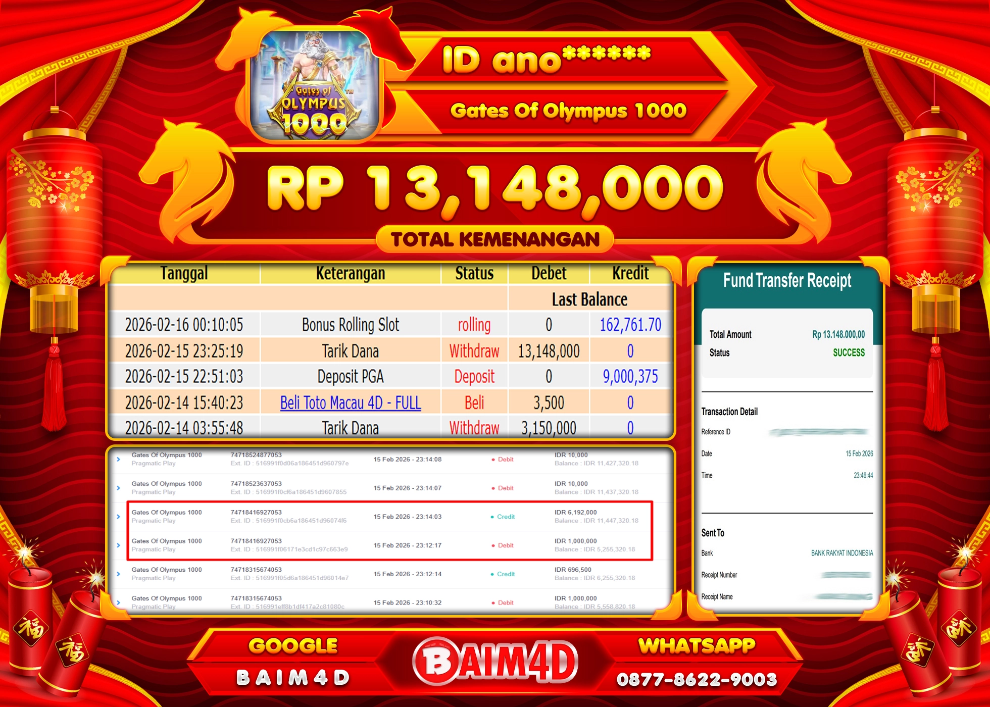 BAIM4D JACKPOT  GATES OF OLYMPUS 1000 Rp.13,148,000 - LUNAS