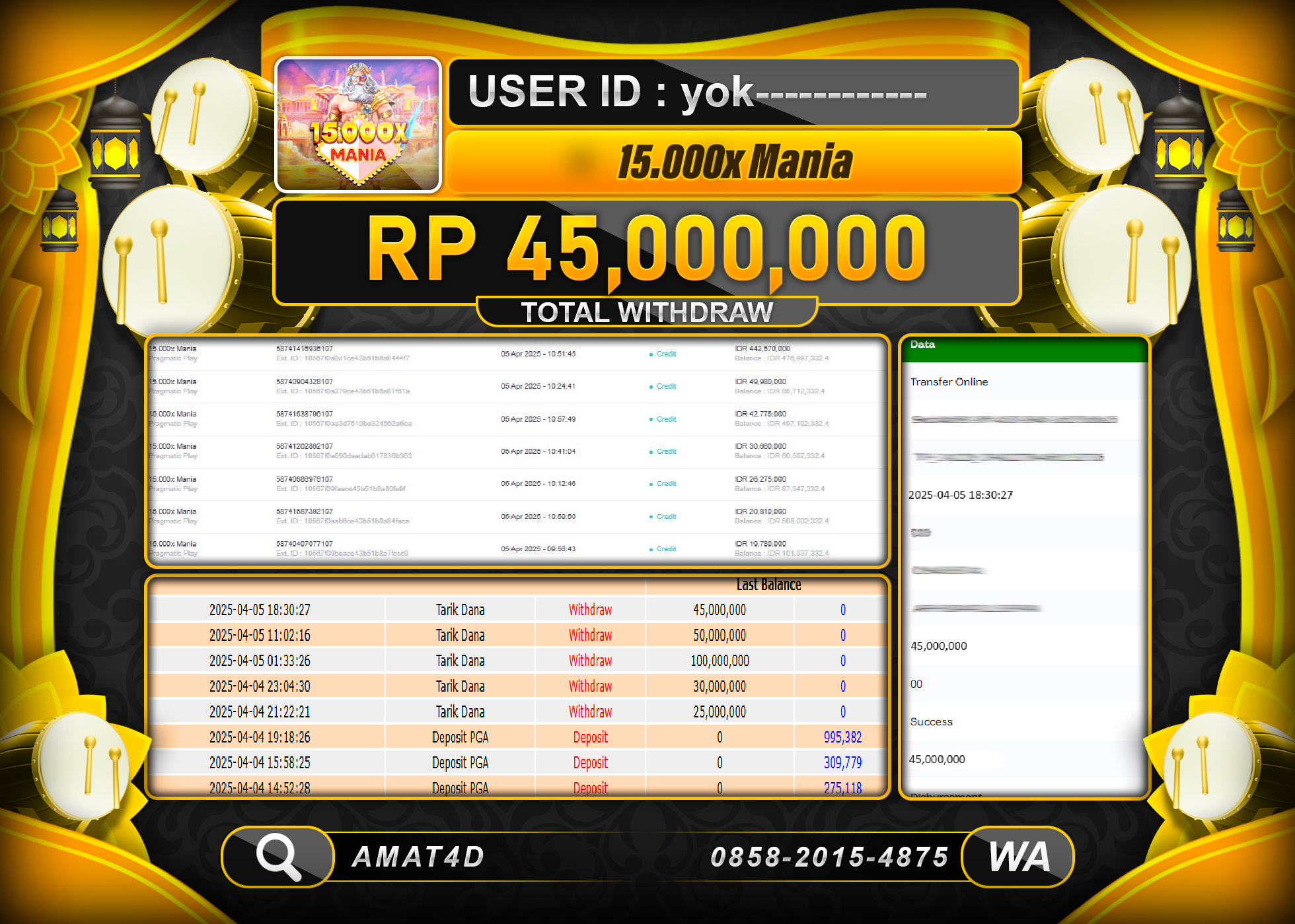 AMAT4D KEMENANGAN SLOT 15.000 X MANIA Rp.45.000.000 BERHASIL TERBAYAR LUNAS