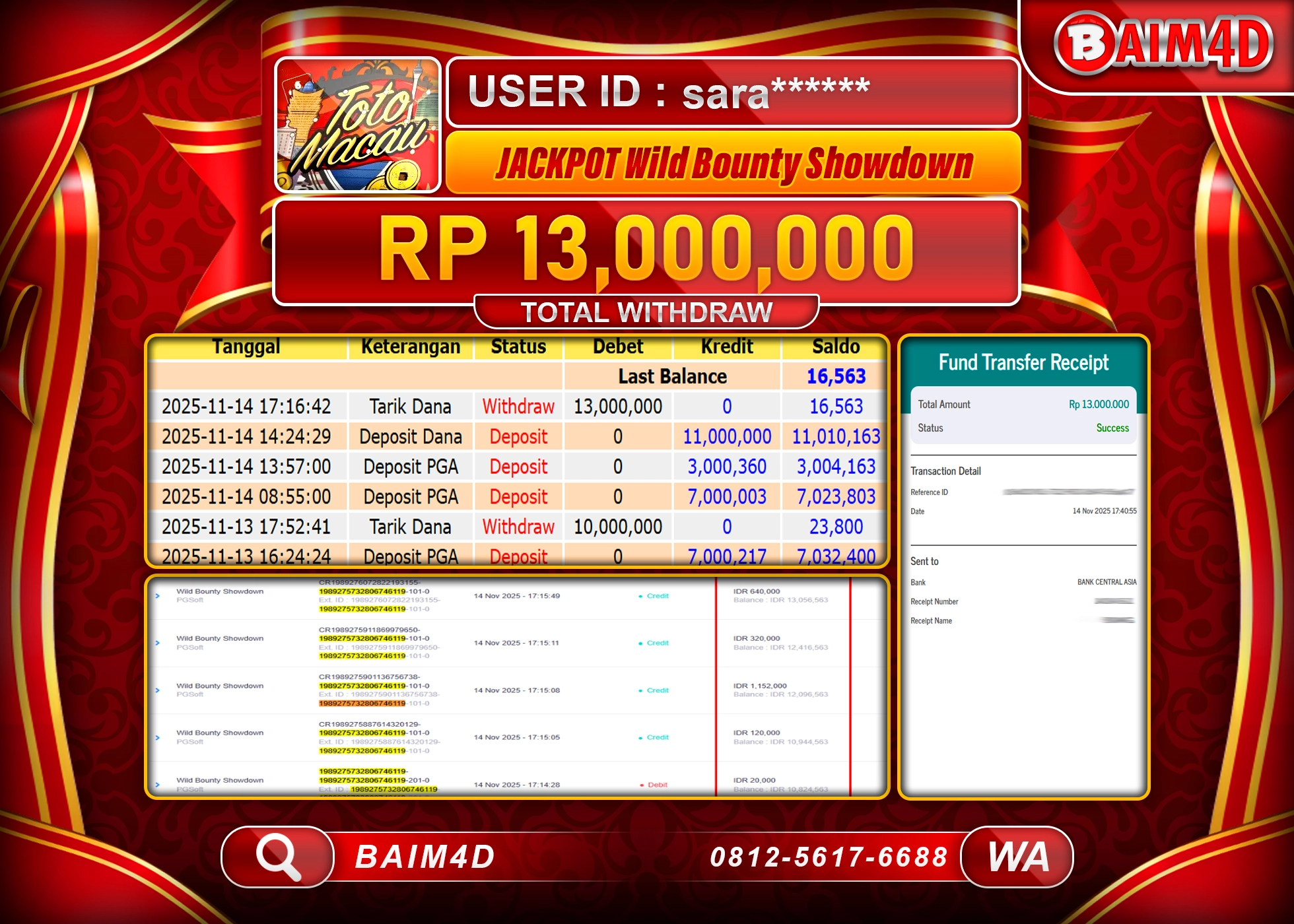 BAIM4D JACKPOT SLOT WILD BOUNTY SHOWDOWN Rp.13,000,000 - LUNAS