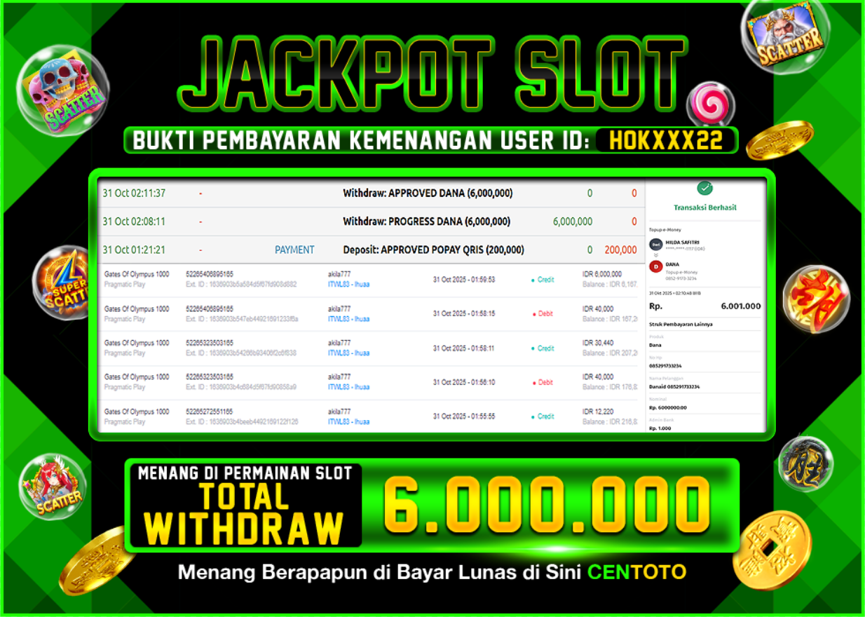 BUKTI JACKPOT SLOT CENTOTO RP.6.000.000,-LUNAS