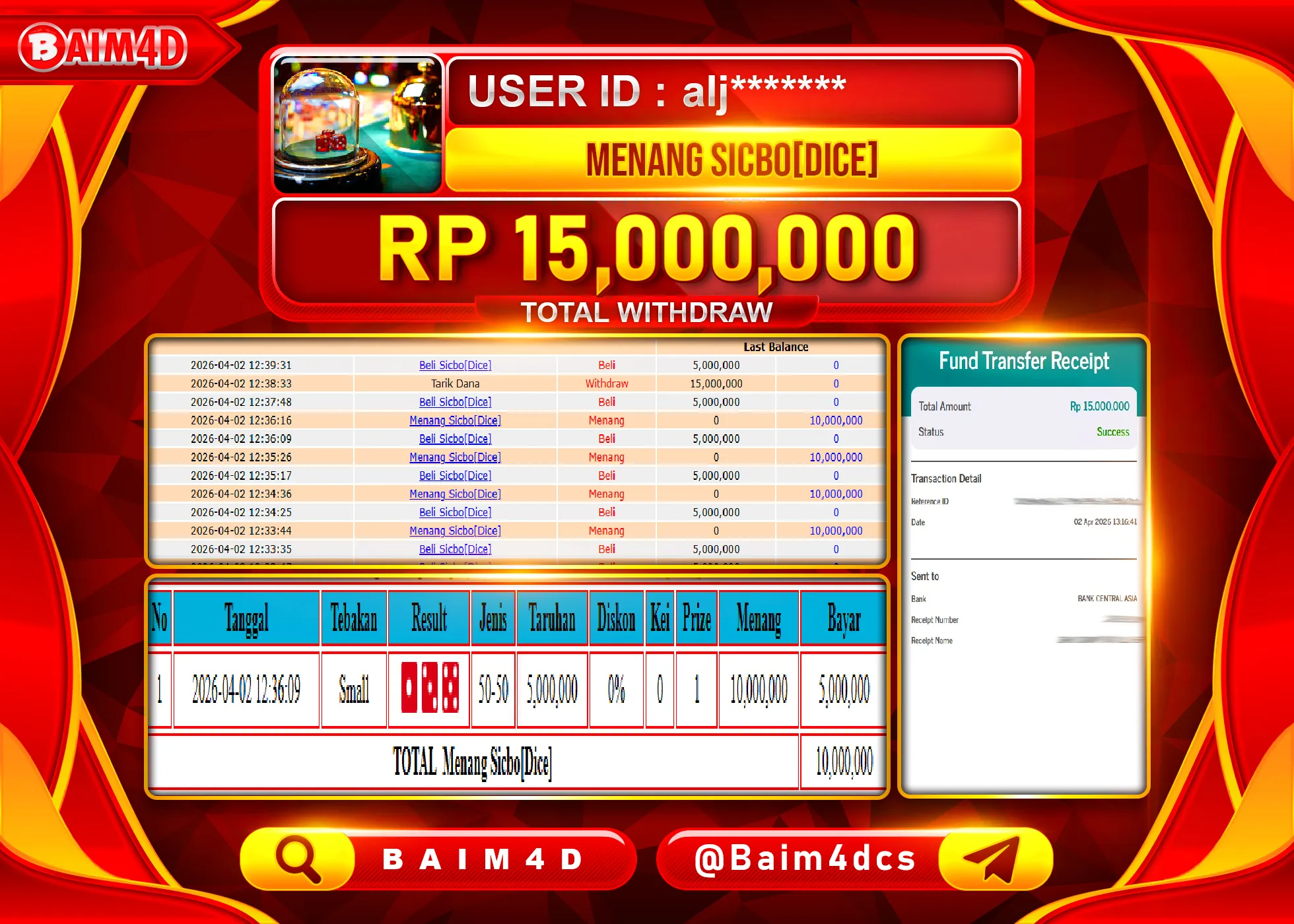 BAIM4D JACKPOT  LIVEGAMES SICBO(DICE) Rp.15,000,000 - LUNAS