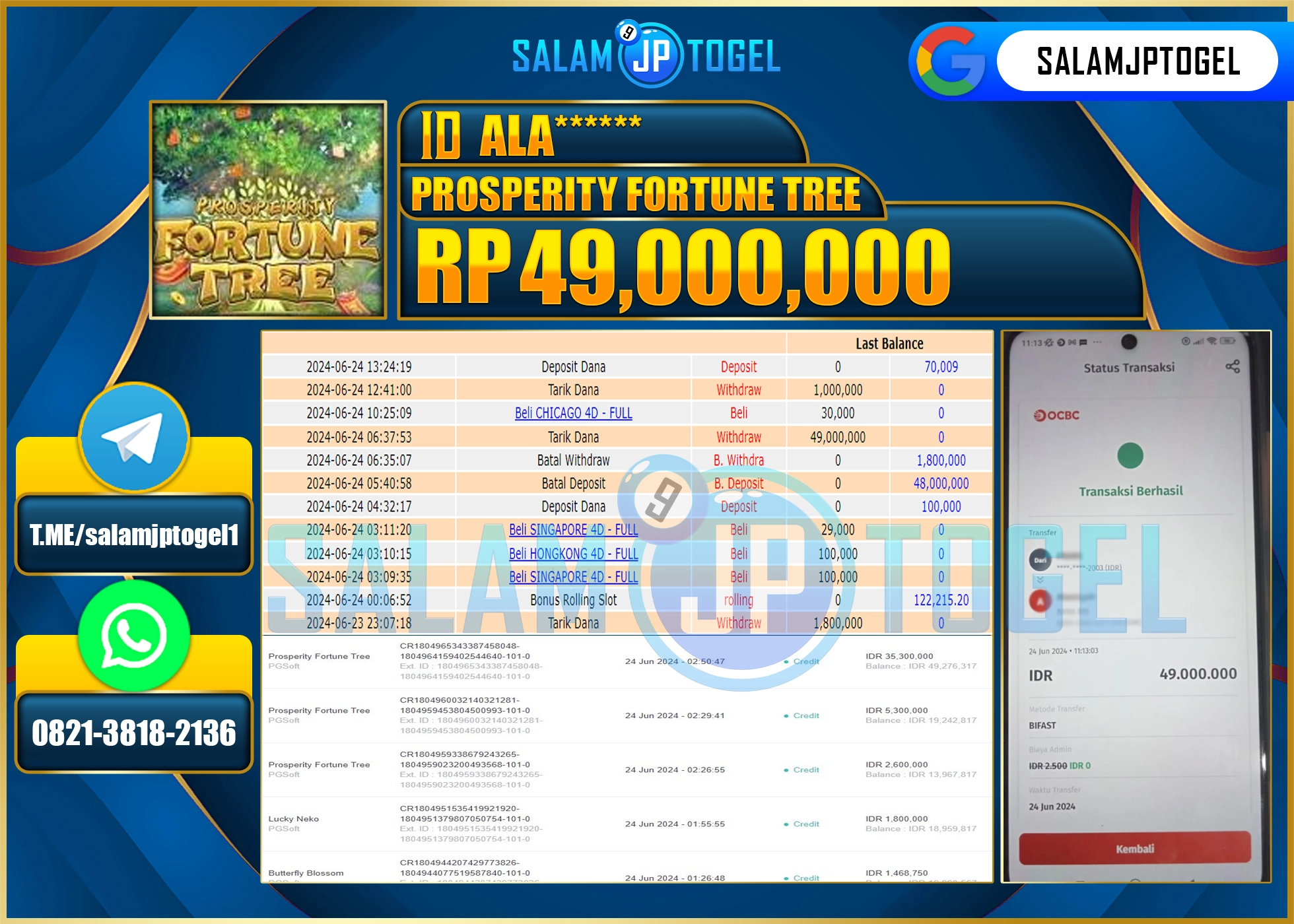 SALAMJPTOGEL MENANG PROSPERITY FORTUNE TREE RP. 49,000,000.,LUNAS