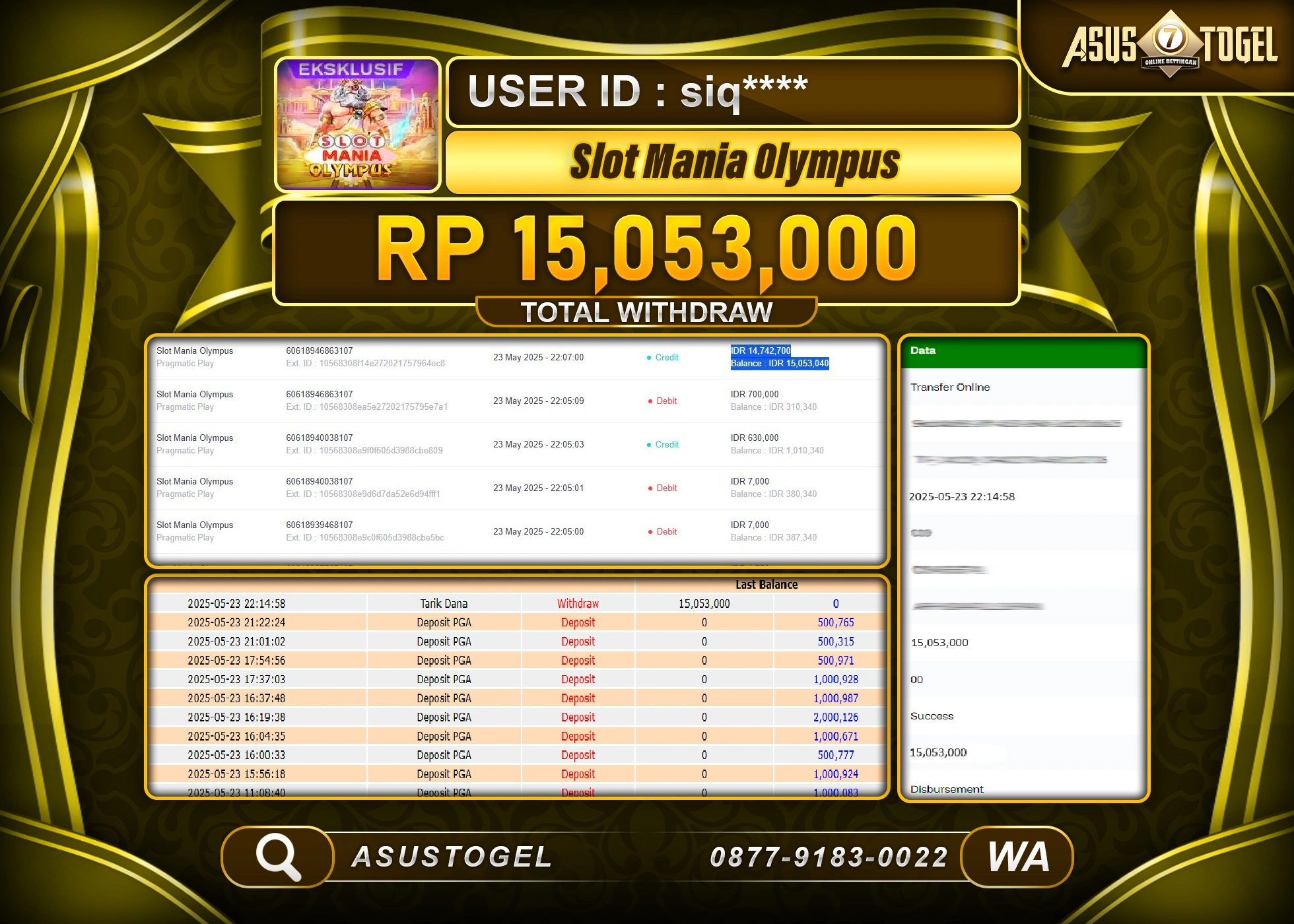  ASUSTOGEL KEMENANGAN DI SLOT MANIA OLYMPUS SEBESAR 15,053,000- RUPIAH LUNAS