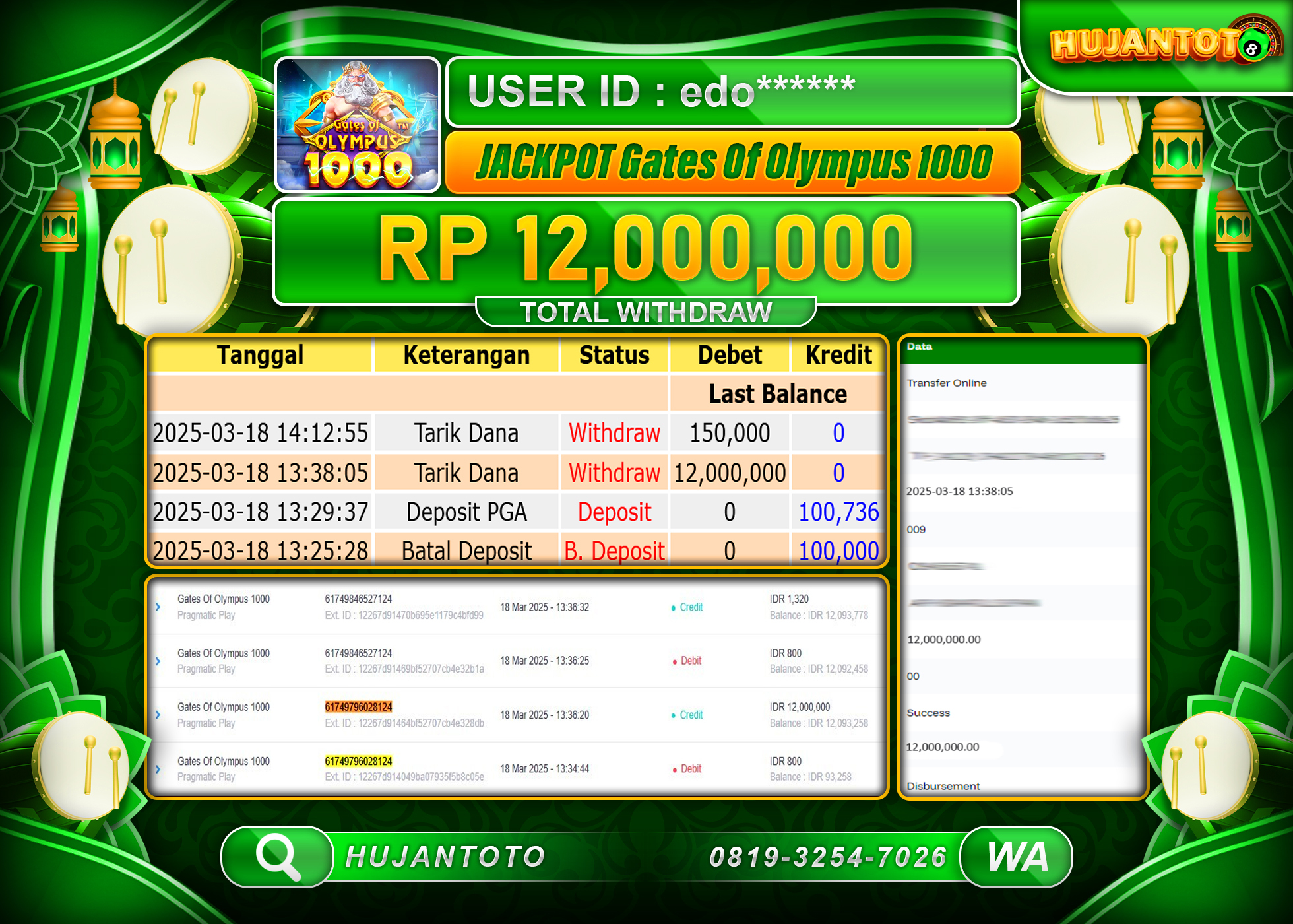 HUJANTOTO - BUKTI JACKPOT MENANG  SLOT GATES OF OLYMPUS 1000, Rp,12,000,000 - TERBAYAR LUNAS 