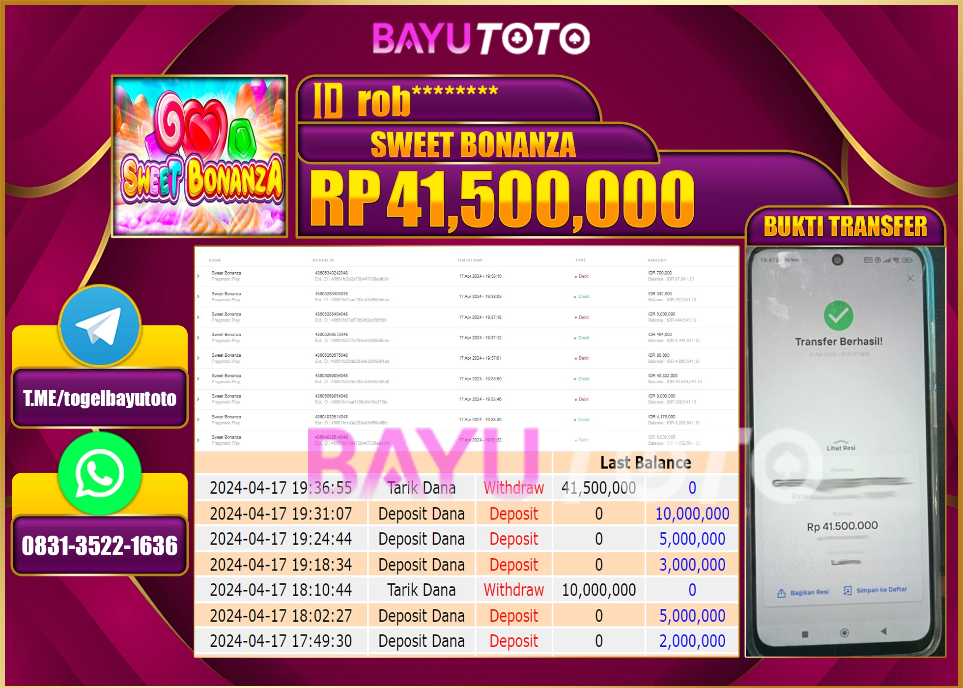 BAYUTOTO JACKPOT SLOT GAMES SWEET BONANZA Rp.41.500.000 LUNAS