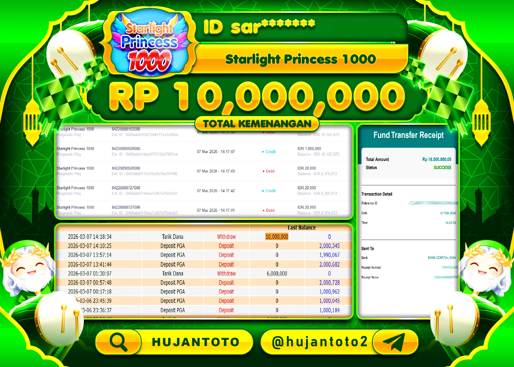 HUJANTOTO - BUKTI JACKPOT MENANG SLOT STARLIGHT PRINCESS 1000 Rp.10,000,000 - TERBAYAR LUNAS