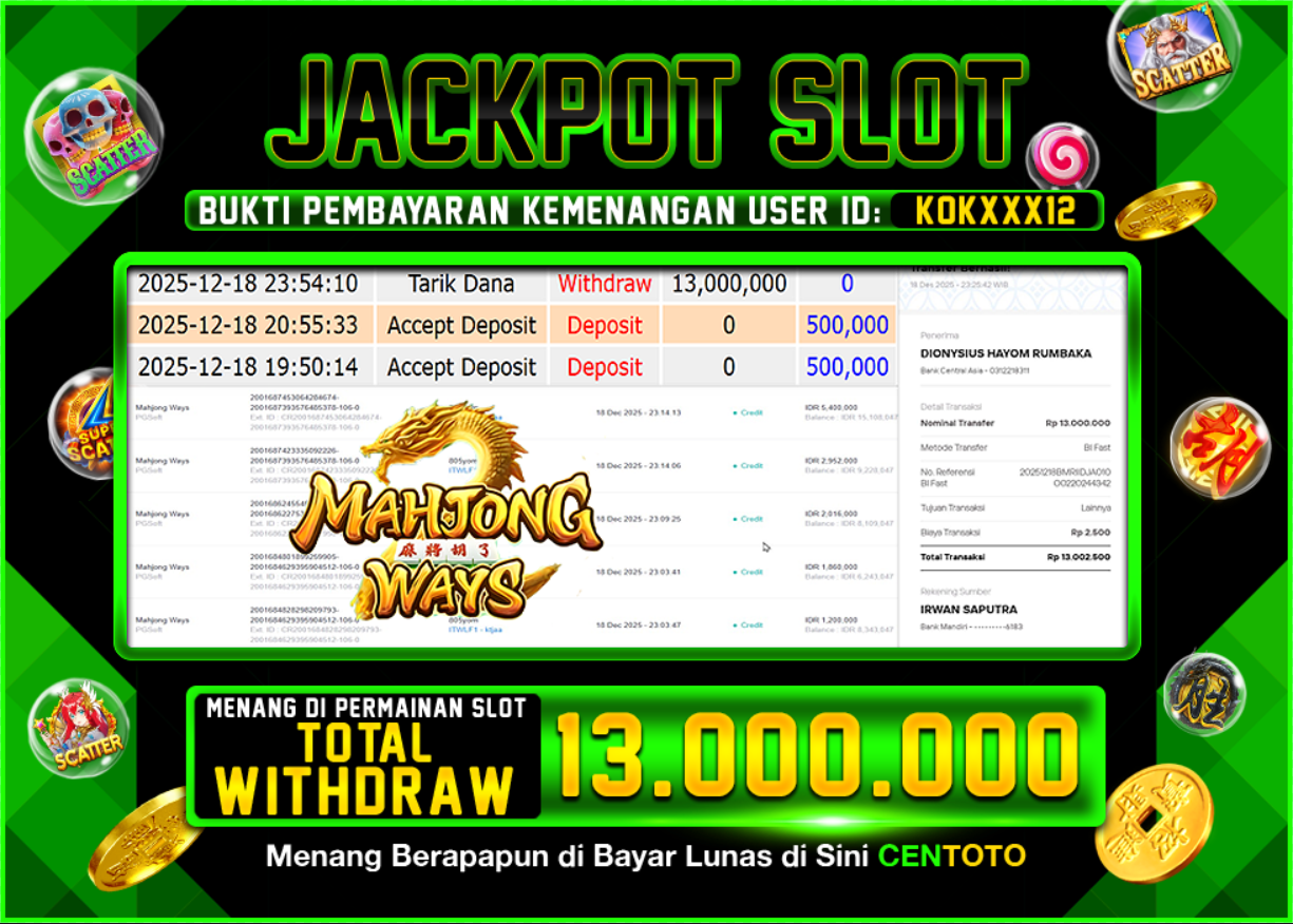 BUKTI JACKPOT SLOT CENTOTO  RP.13.000.000,-LUNAS
