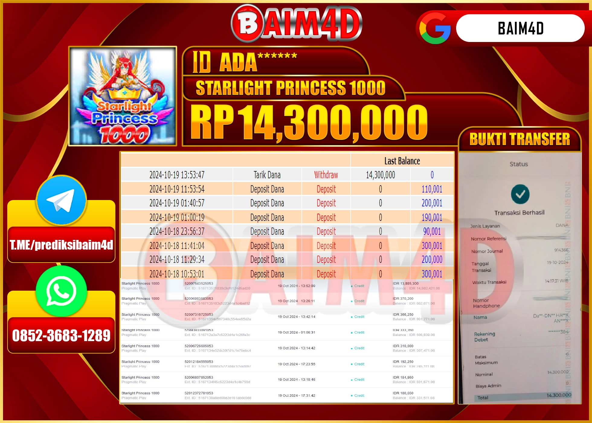 BAIM4D JACKPOT STARLIGHT PRINCESS 1000 Rp.14.300,000.- LUNAS