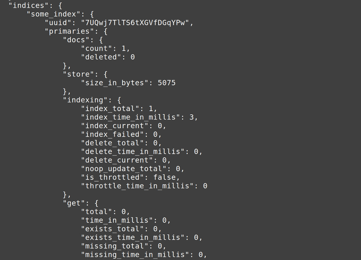 Screenshot of a Python script printing an Elasticsearch index's stats and info