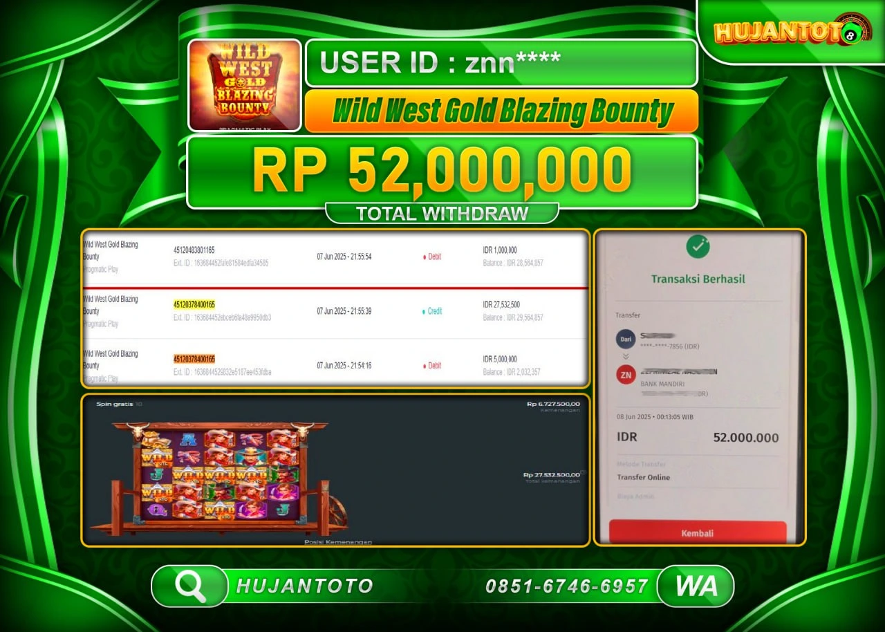 HUJANTOTO - BUKTI JACKPOT MENANG SLOT WILD WEST GOLD BLAZING BOUNTY Rp.52,000,000 - TERBAYAR LUNAS