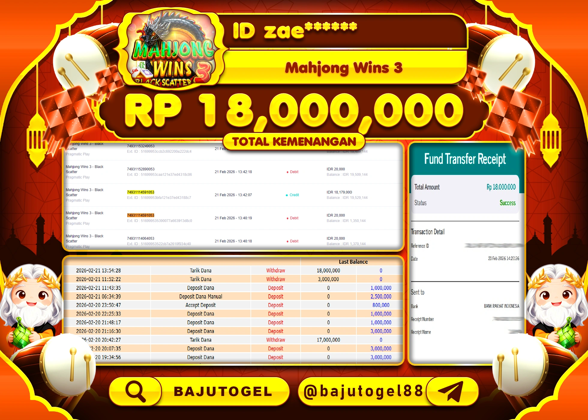 BAJUTOGEL KEMENANGAN JACKPOT DI SLOT PGSOFT MAHJONG WINS 3 Rp.18,000,000 LUNAS