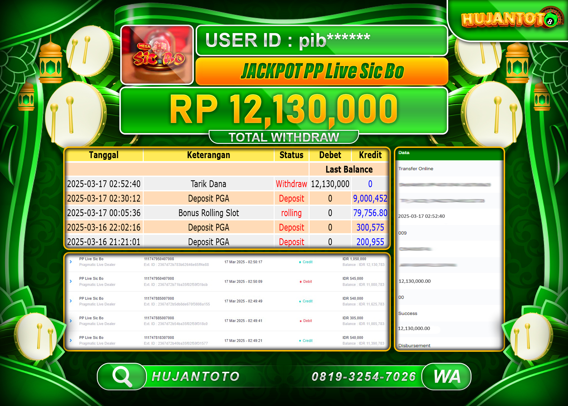 HUJANTOTO - BUKTI JACKPOT MENANG PP LIVEDEALER, LIVE SIC BO, Rp,12,130,000  - TERBAYAR LUNAS