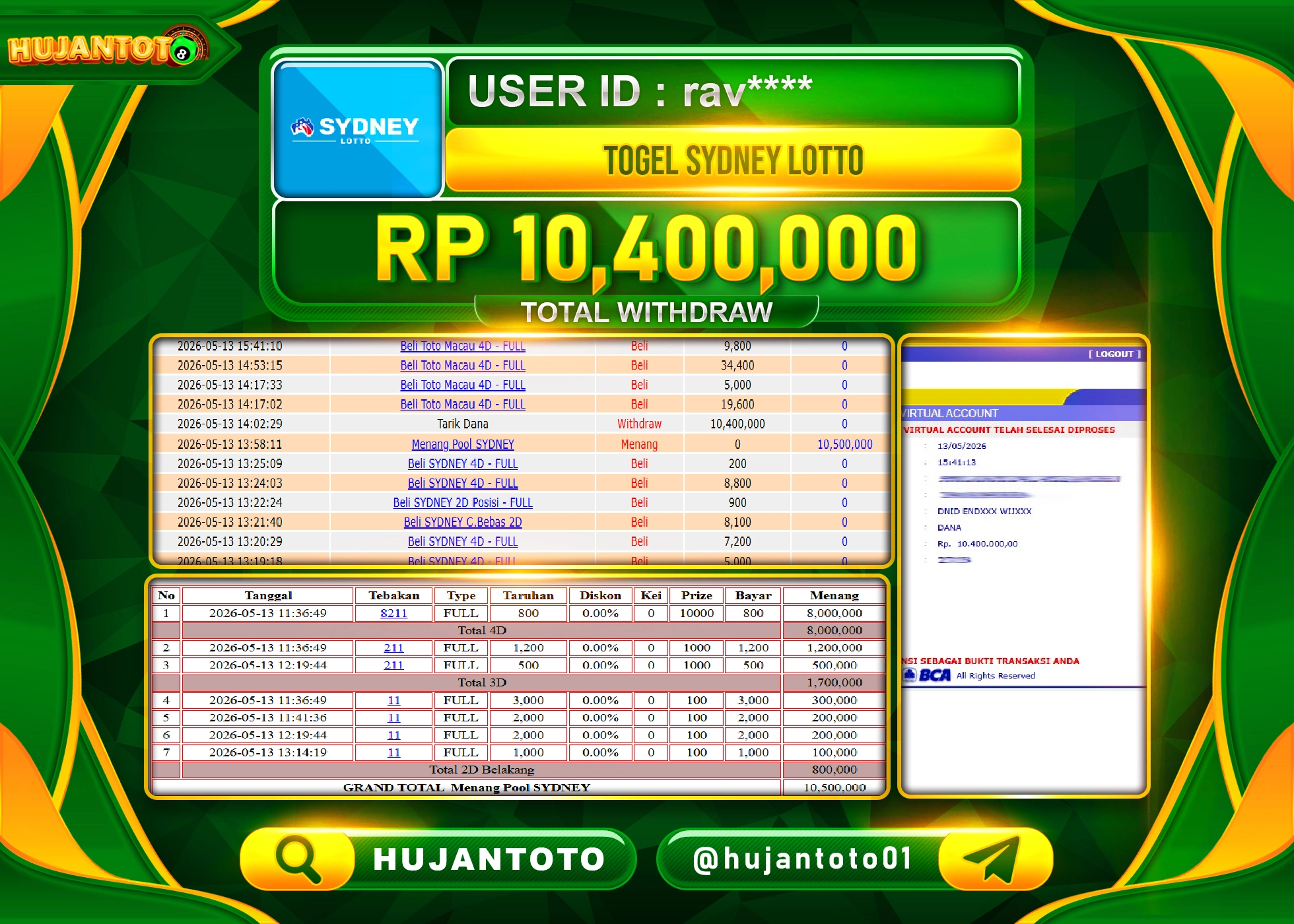 HUJANTOTO - BUKTI JACKPOT MENANG TOGEL SYDNEY LOTTO Rp.10,400,000 - TERBAYAR LUNAS