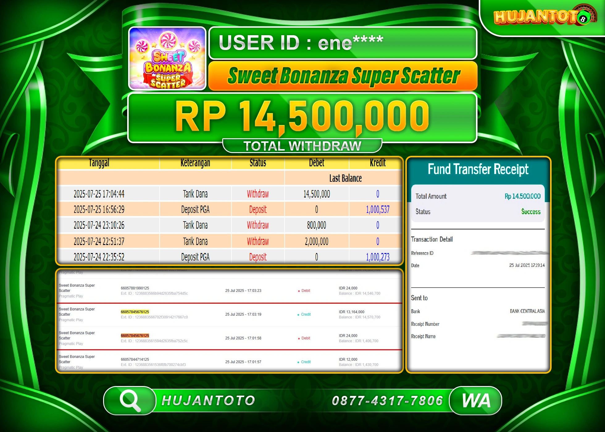HUJANTOTO - BUKTI JACKPOT MENANG SLOT SWEET BONANZA SUPER SCATTER Rp.14,500,000 - TERBAYAR LUNAS