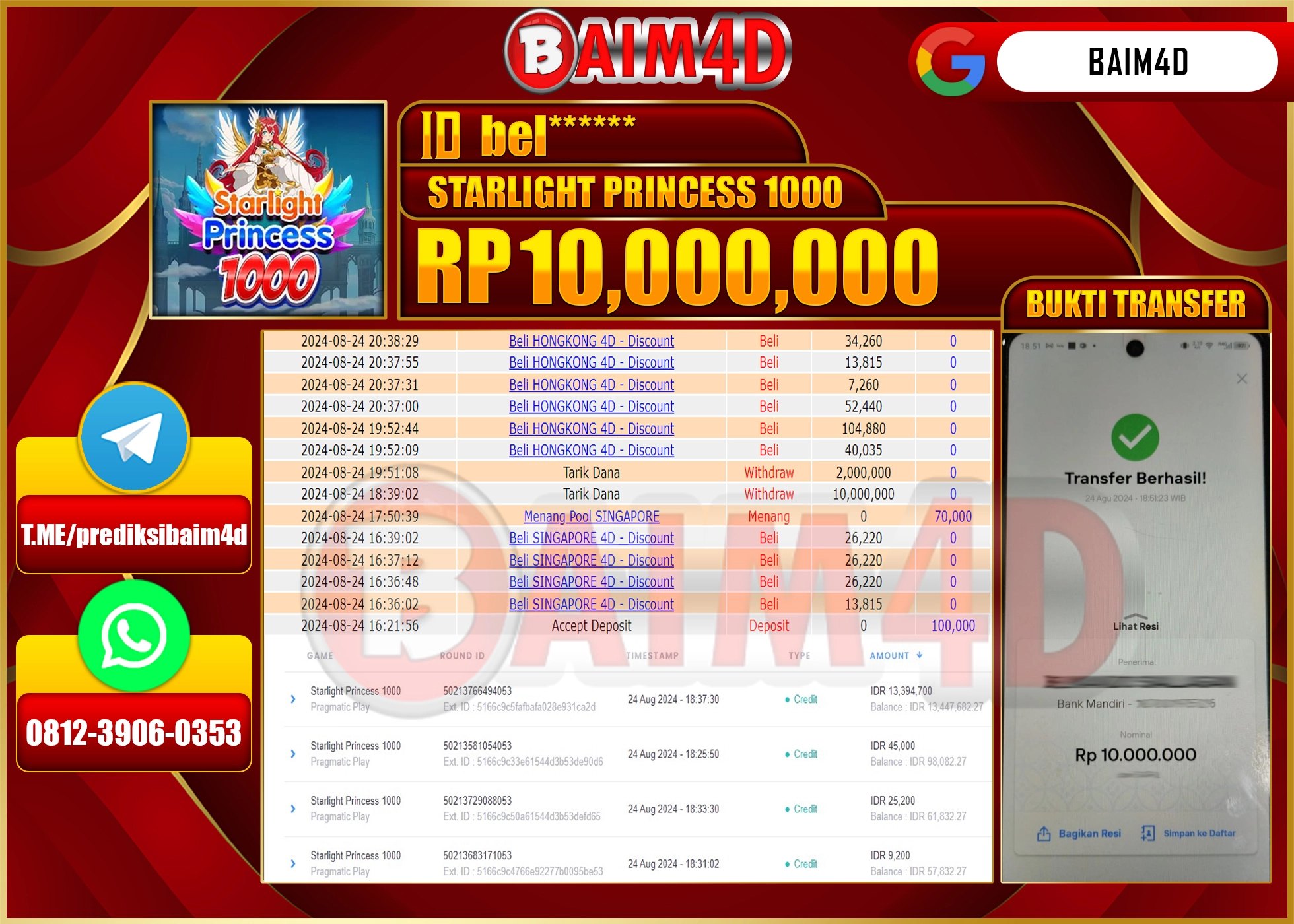 BAIM4D JACKPOT STARLIGHT PRINCESS 1000 Rp.10.000,000.- LUNAS