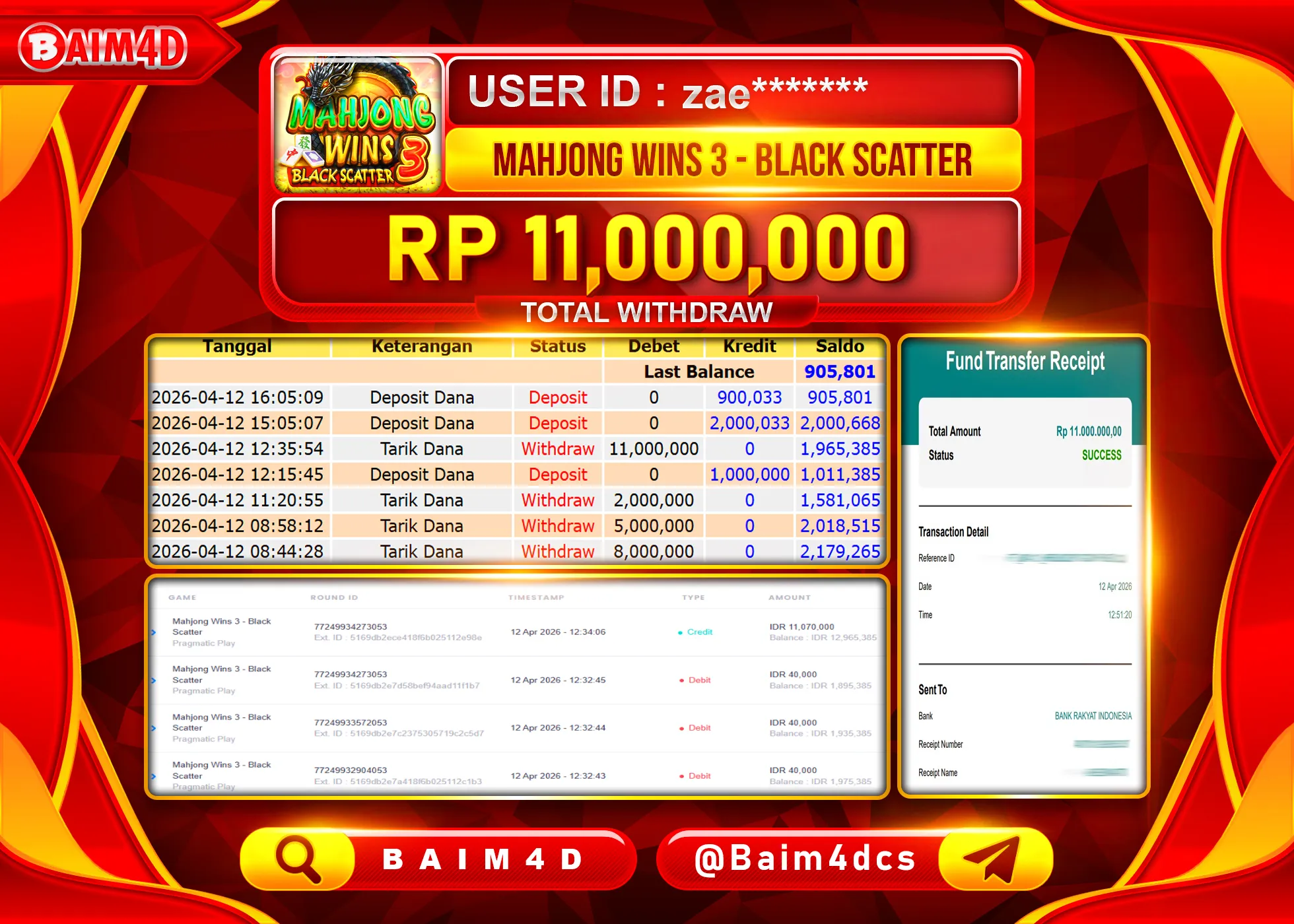 BAIM4D JACKPOT  SLOT MAHJONG WINS 3 Rp.11,000,000 - LUNAS