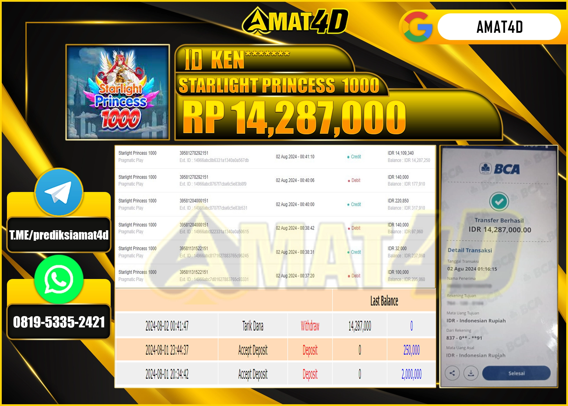 AMAT4D JACKPOT SLOT STARLIGHT PRINCES 1000 Rp.14.287.000 BERHASIL DI BAYAR LUNAS