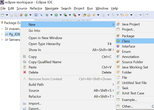 image shows creating a new java class