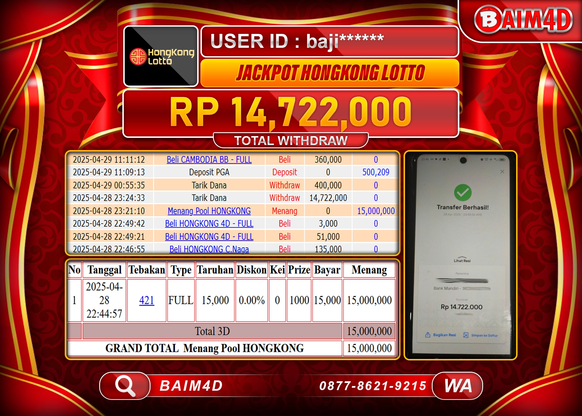 BAIM4D JACKPOT MENANG HONGKONG LOTTO POOLS Rp.14.722,000.- LUNAS