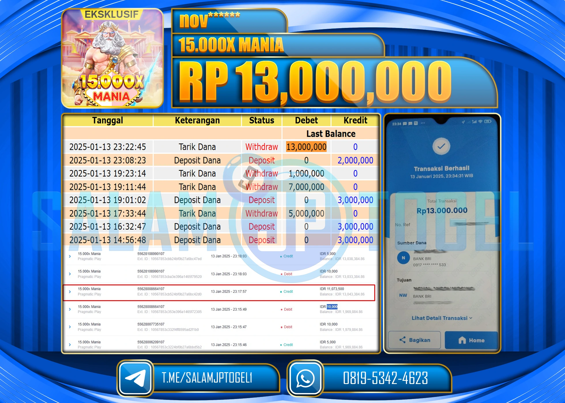 SALAMJPTOGEL MENANG SLOT 15.000 X MANIA Rp.13,000,000 LUNAS