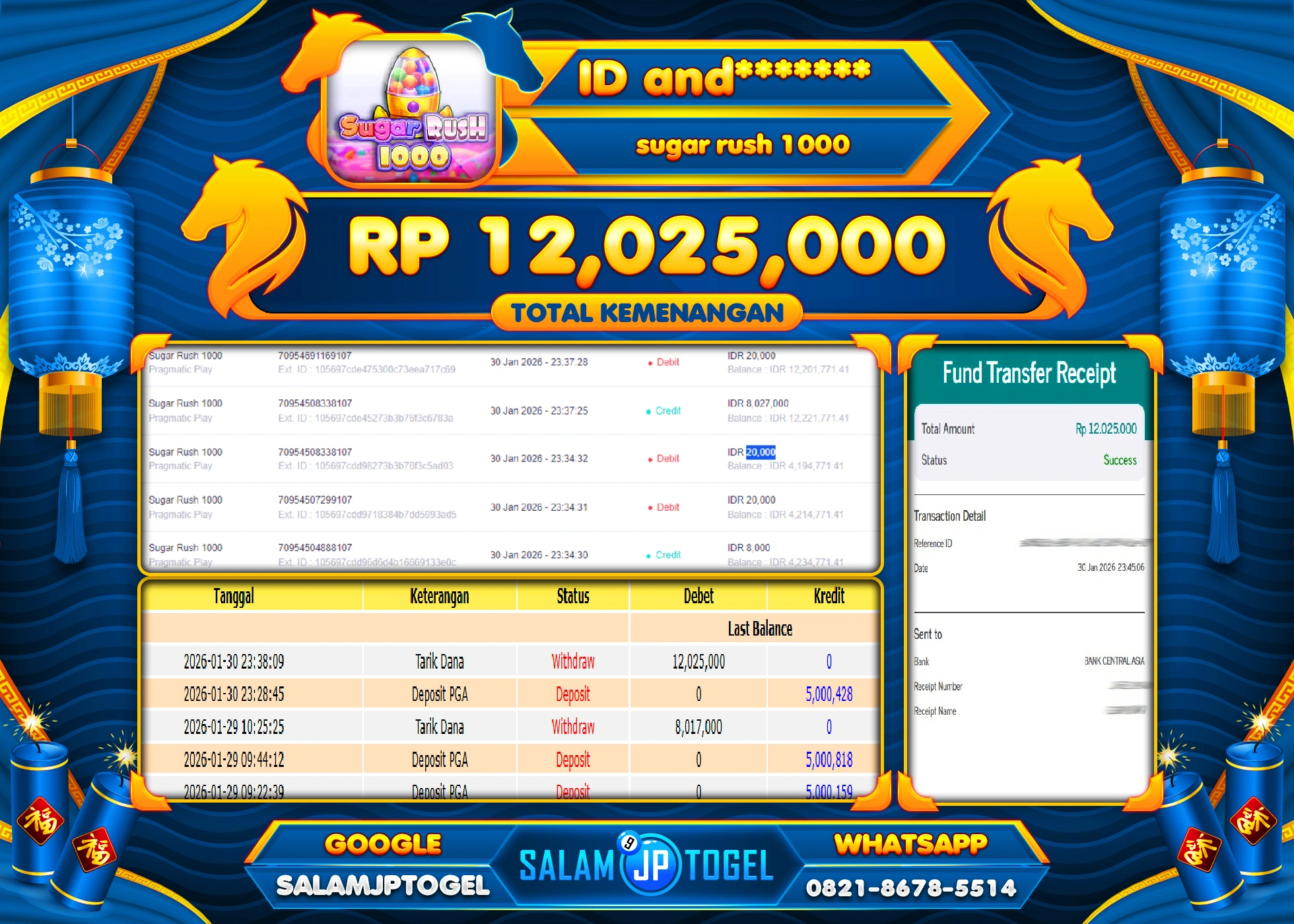 SALAMJPTOGEL JACKPOT SUGAR PUSH 1000 Rp.12,025,000 - LUNAS