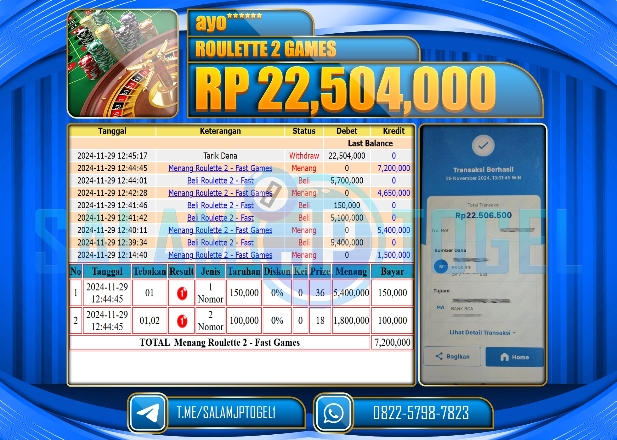 SALAMJPTOGEL MENANG ROULLETE GAMES RP. 22,504,000 LUNAS