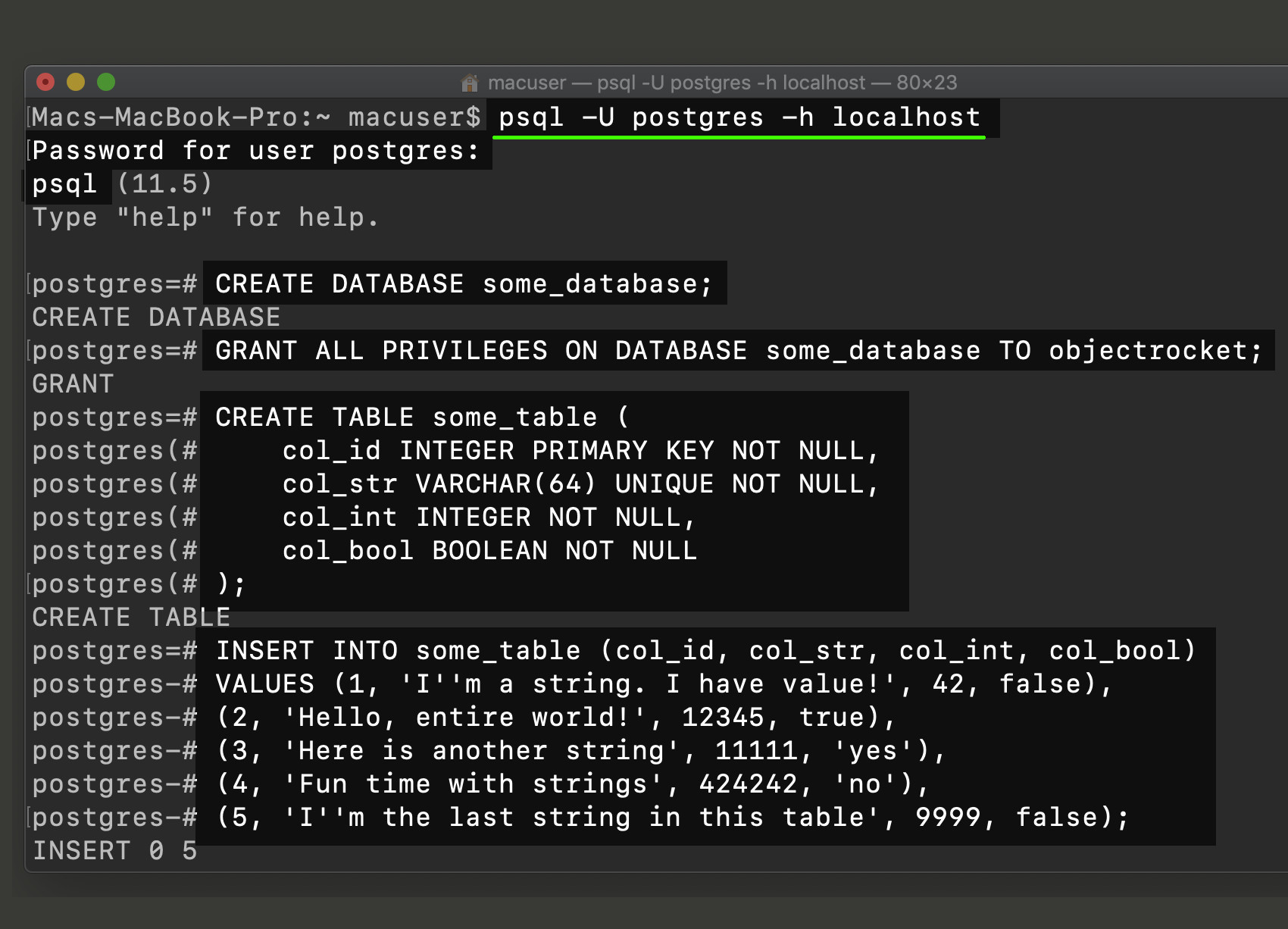 Entering into psql command line and creating a PostgreSQL database and table and insert data rows