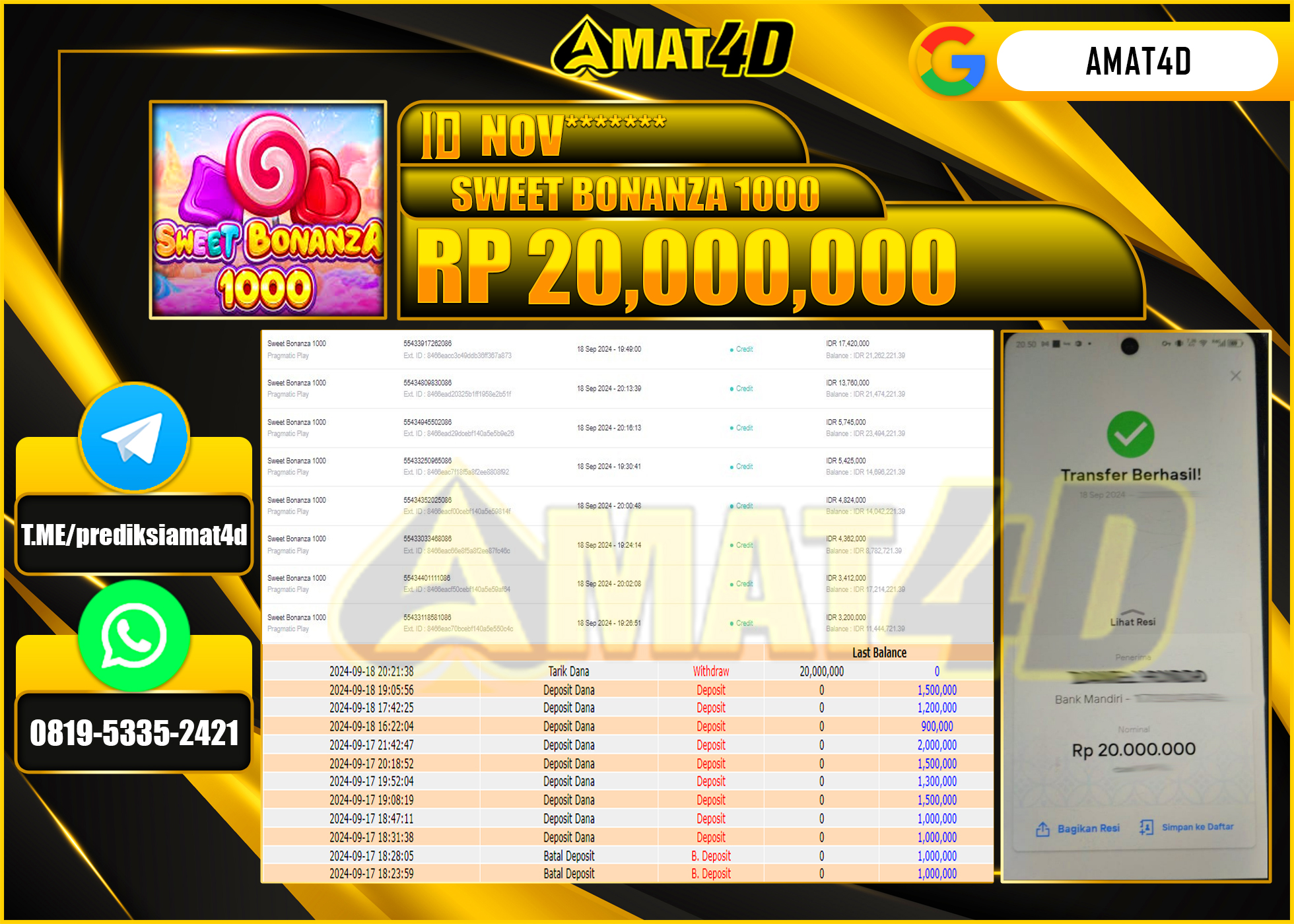 AMAT4D JACKPOT SWEET BONANZA 1000 Rp.20.000.000 BERHASIL DI BAYAR LUNAS