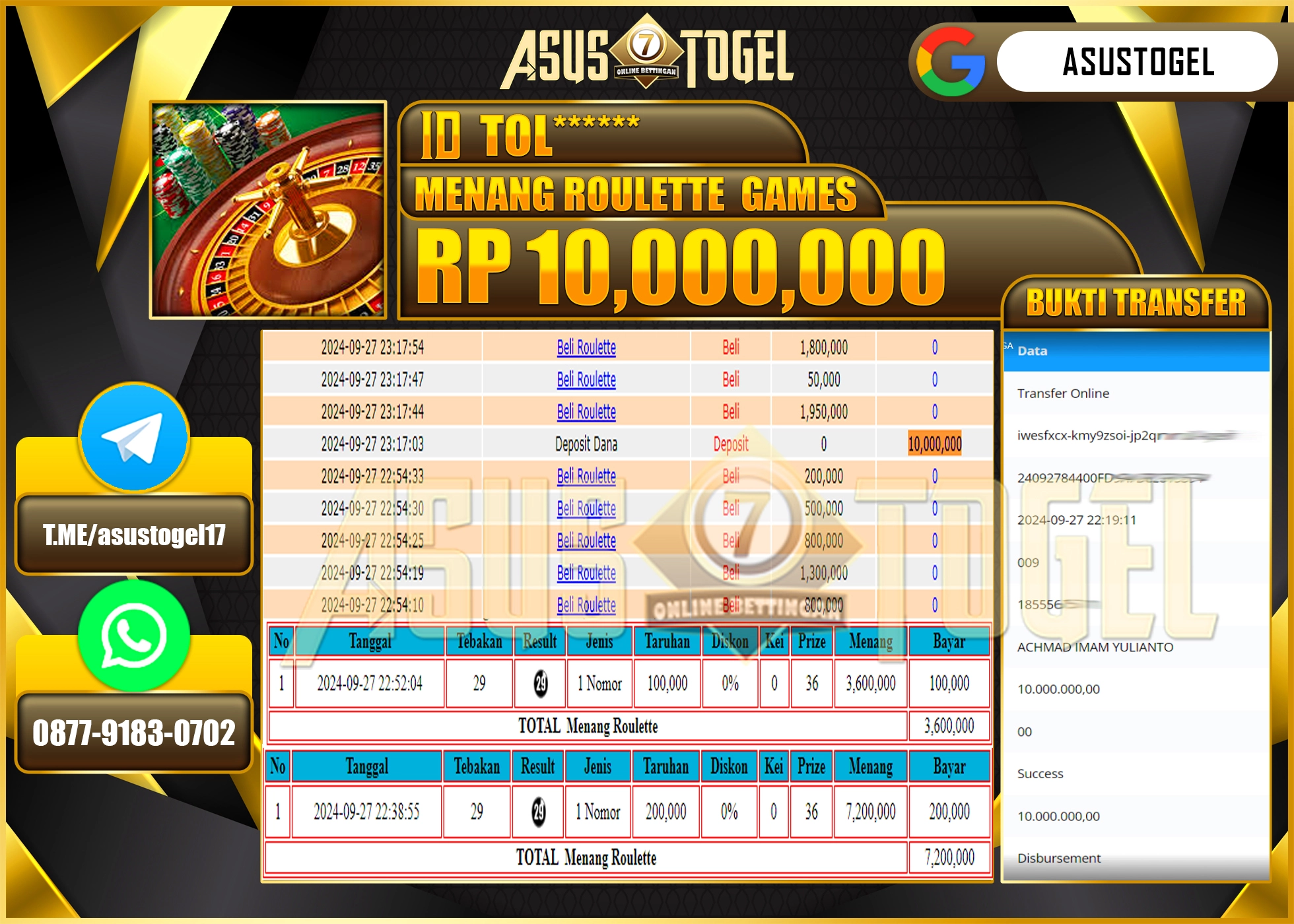 ASUSTOGEL KEMENANGAN DI LIVE ROULETTE GAMES SEBESAR 10,000,000- RUPIAH LUNAS