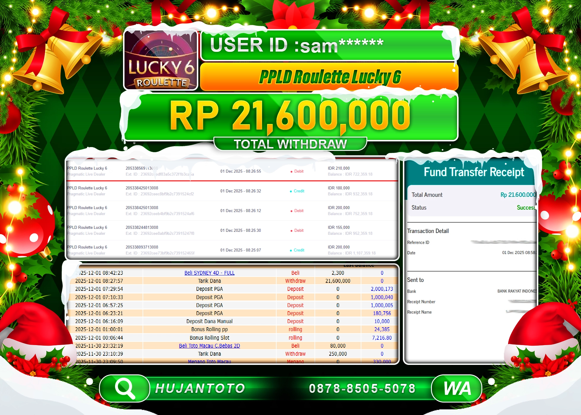 HUJANTOTO - BUKTI JACKPOT MENANG PPLD ROULETTE LUCKY 6 Rp.21,600,000 - TERBAYAR LUNAS