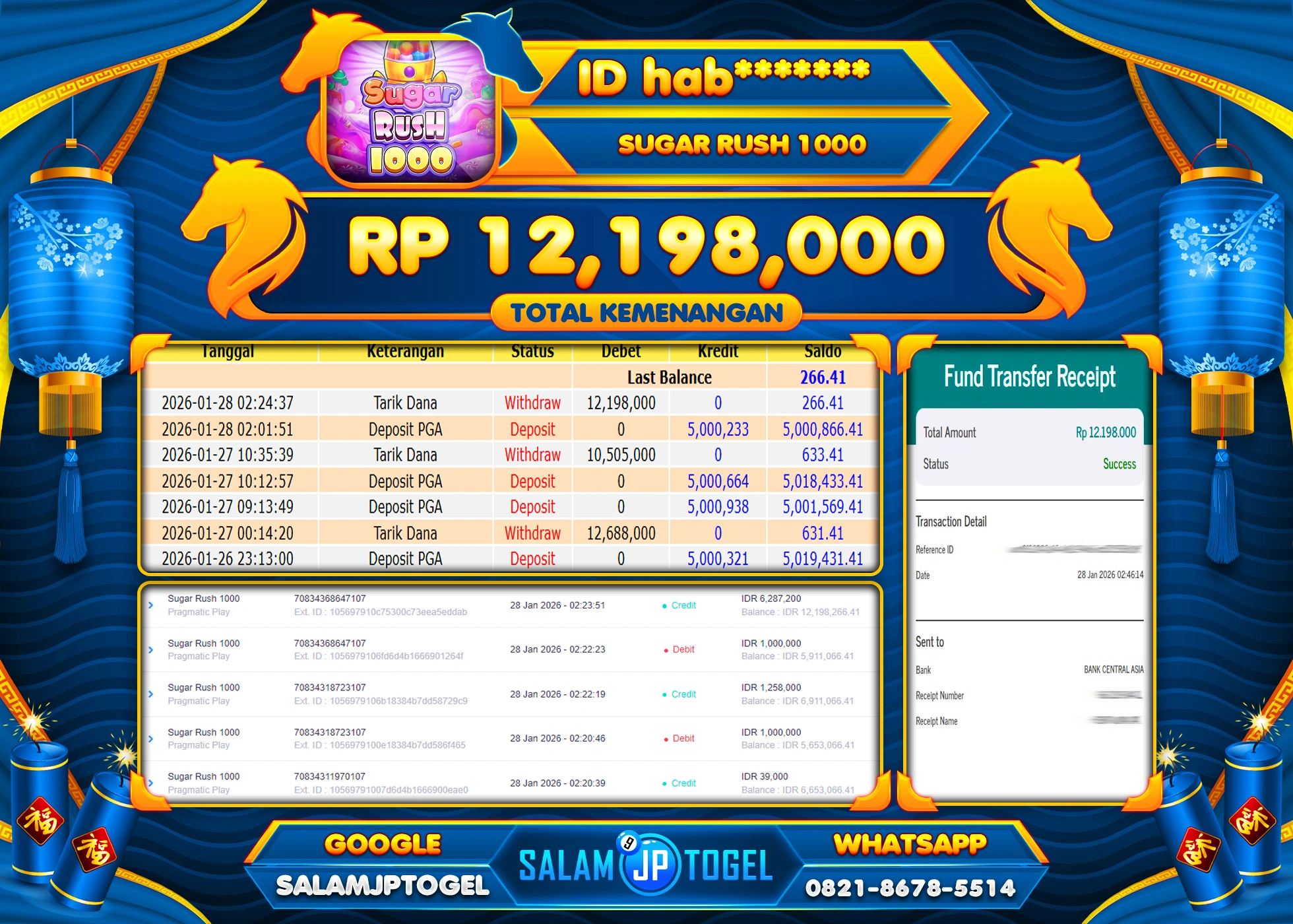 SALAMJPTOGEL JACKPOT SUGAR RUSH 1000 Rp.12,198,000 - LUNAS