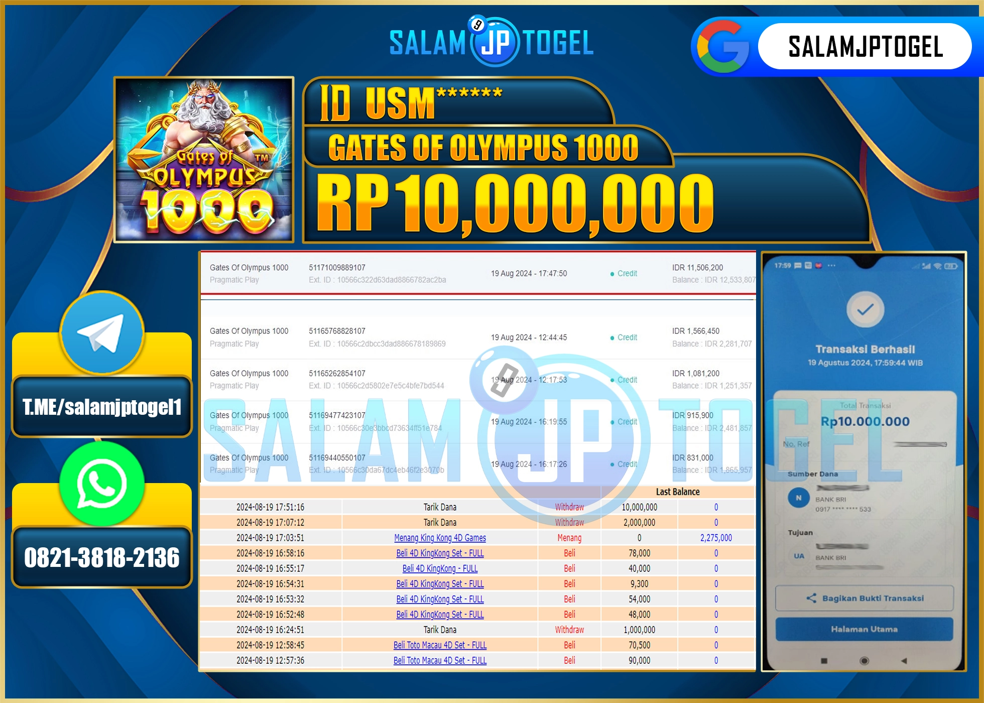 SALAMJPTOGEL MENANG Gates Of Olympus RP. 10,000,000.,LUNAS