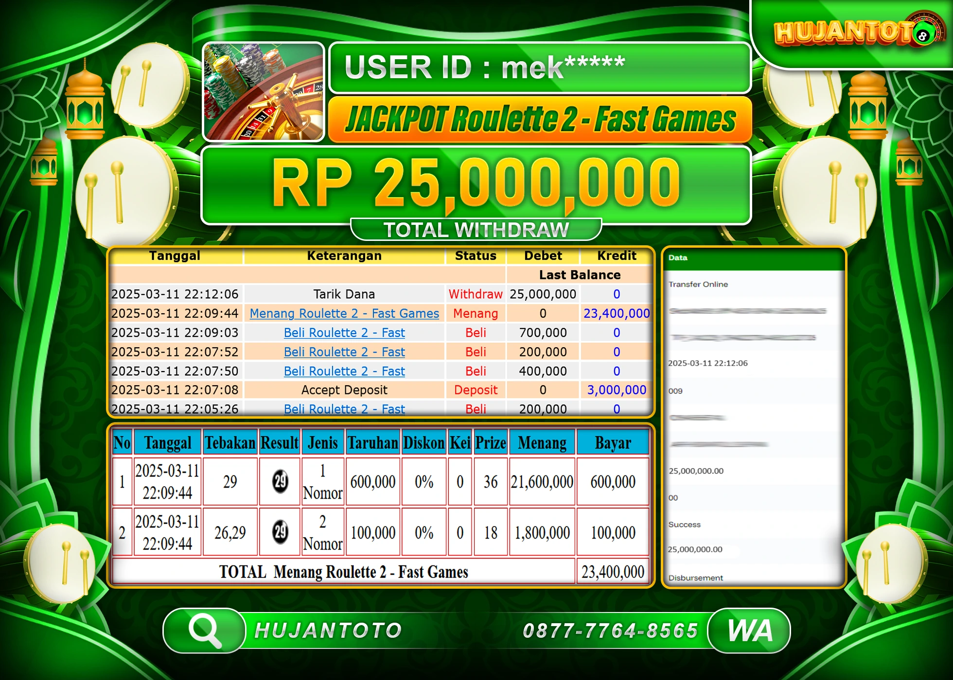 HUJANTOTO - BUKTI JACKPOT MENANG LIVEGAMES ROULETTE 2 - FAST GAMES Rp,25,000,000  - TERBAYAR LUNAS