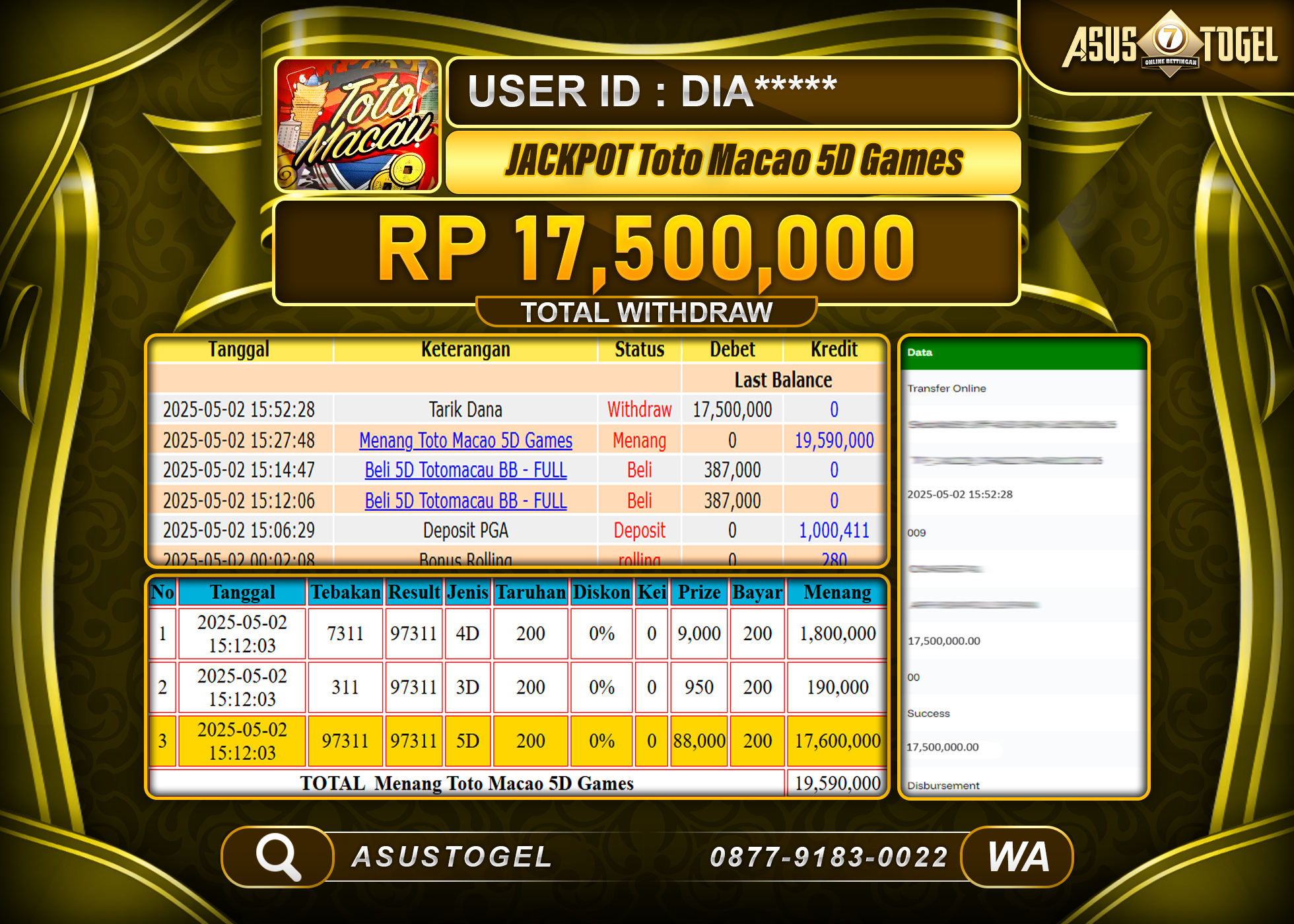 ASUSTOGEL KEMENANGAN DI TOGEL TOTO MACAU 5D SEBESAR 17,500,000- RUPIAH LUNAS