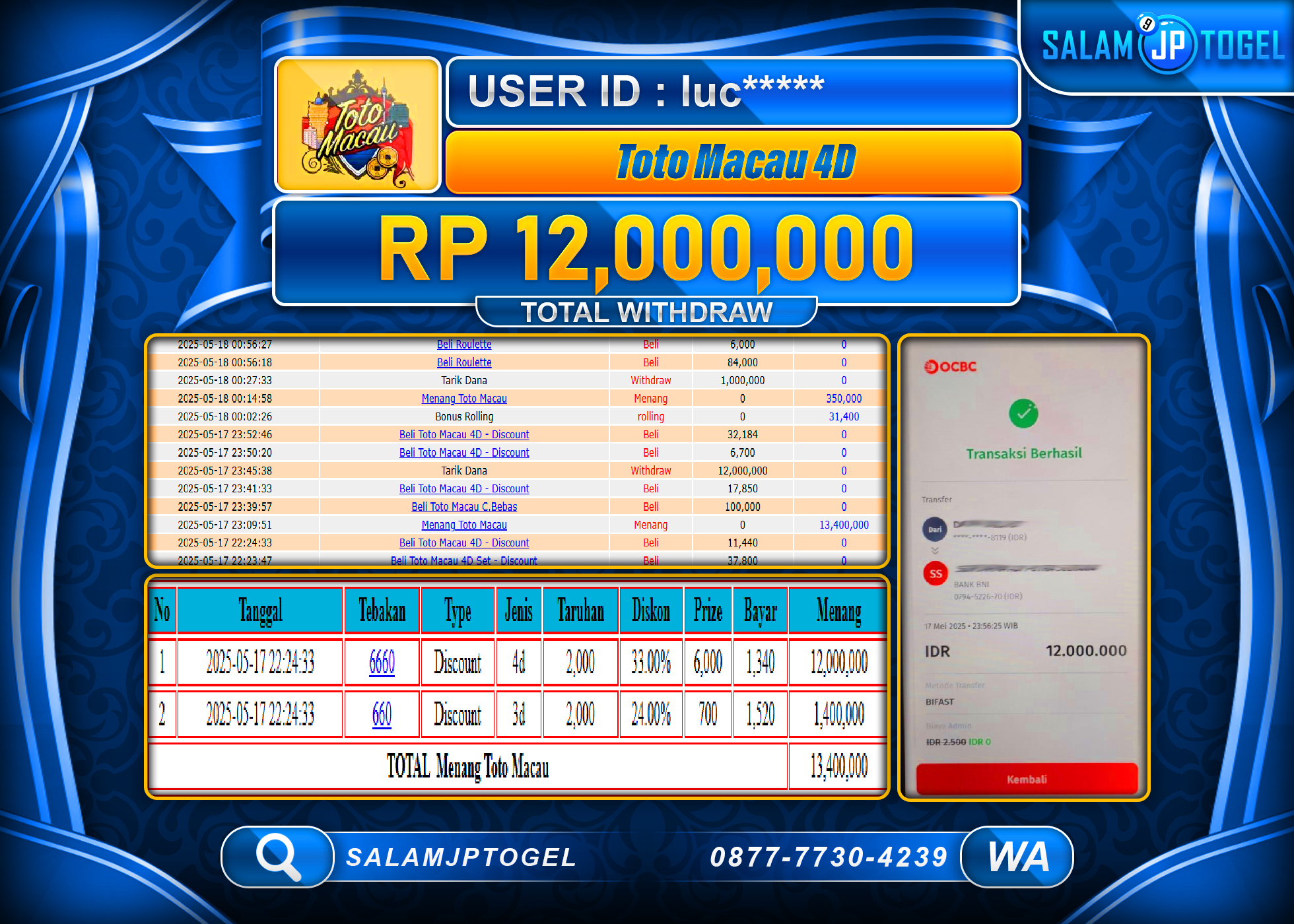 SALAMJPTOGEL MENANG TOTO MACAU 4D Rp.12,000,000 LUNAS
