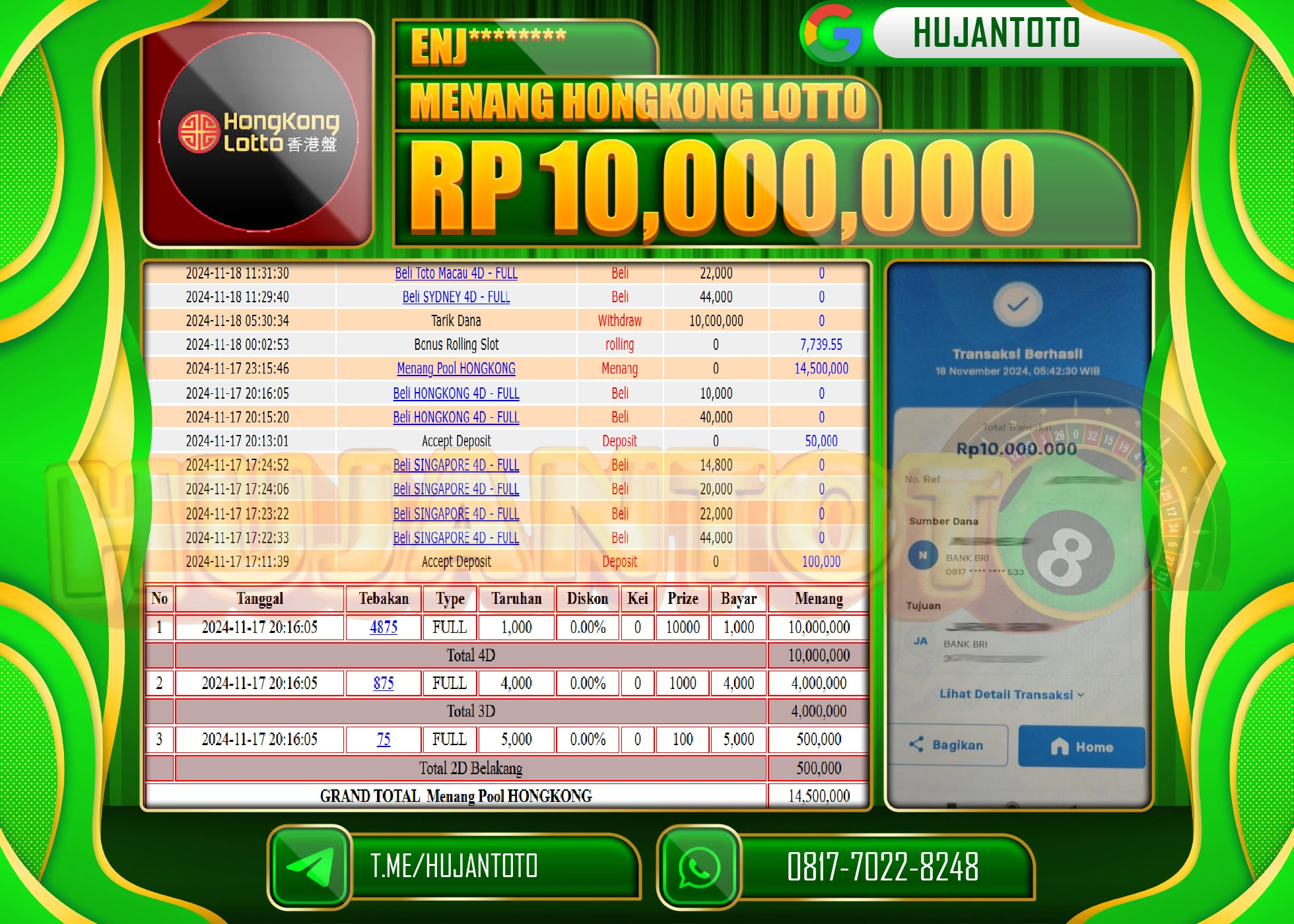 HUJANTOTO MENANG DI RAIH DI PERMAINAN HONGKONG LOTTO SEBESAR - 10,000,000 - LUNAS