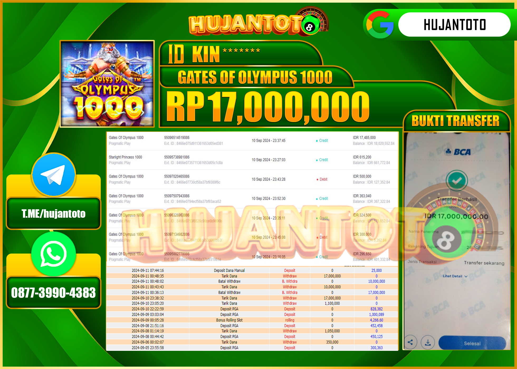 HUJANTOTO MENANG BESAR DI PERMAINAN SLOT  GATES OF OLYMPUS 1000 , 17,000,000  - LUNAS 