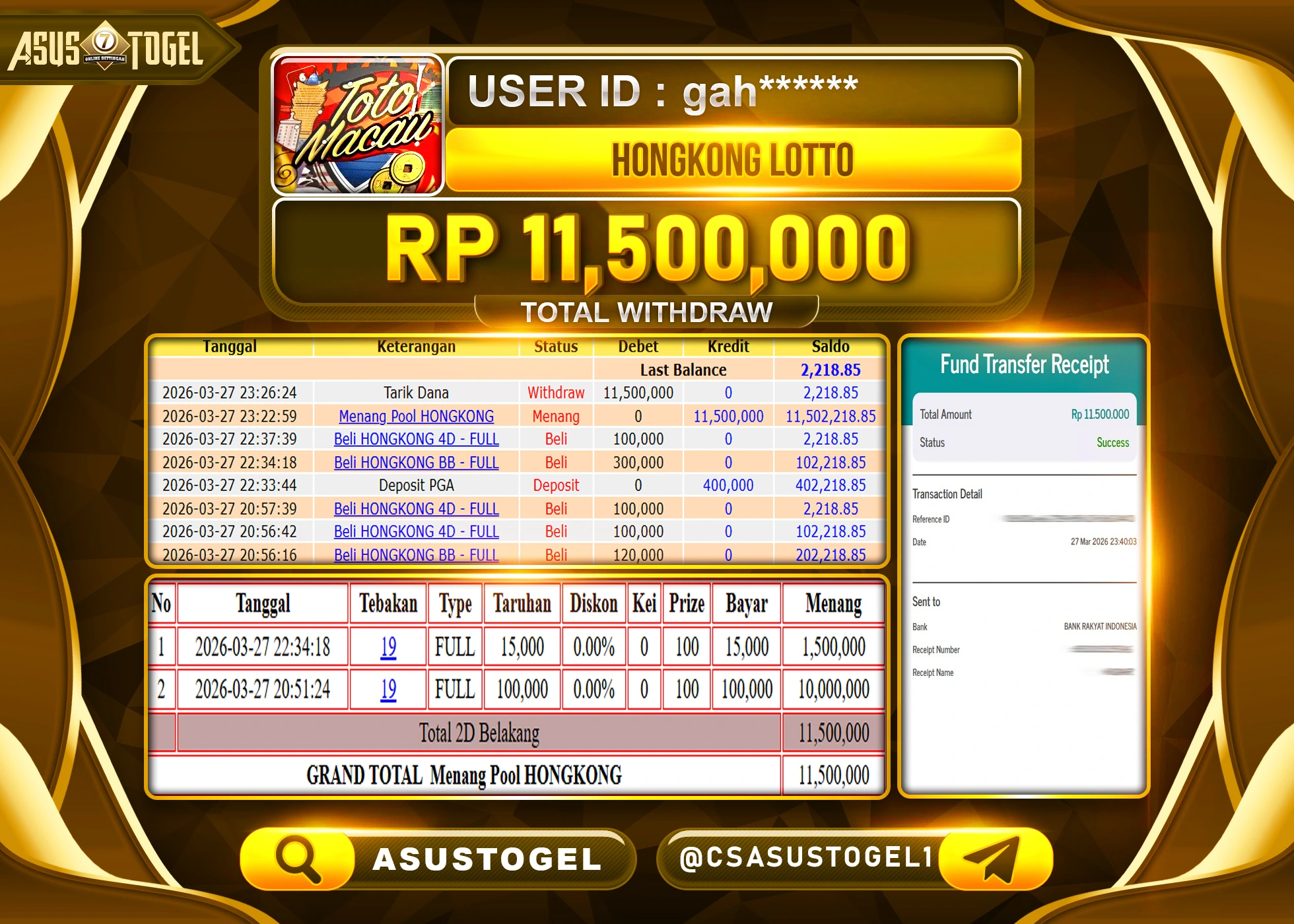 ASUSTOGEL KEMENANGAN JACKPOT DI TOGEL HONGKONG LOTTO  Rp.11,500,000 - RUPIAH LUNAS