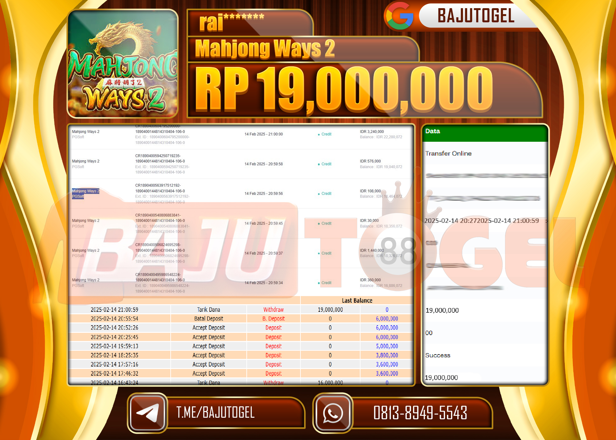 BAJUTOGEL KEMENANGAN MAHJONG WAYS 2 Rp.19.000.000 LUNAS