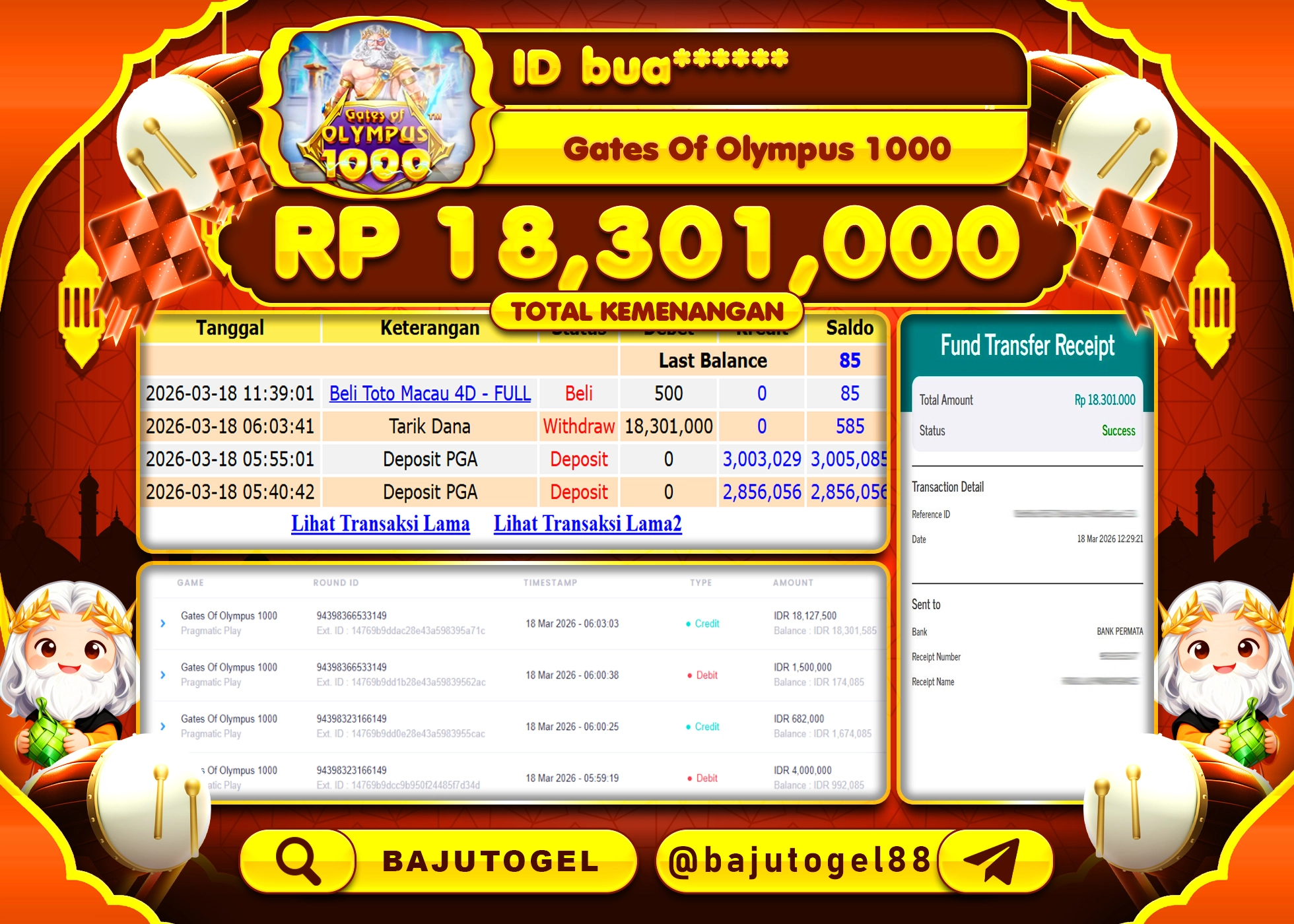 BAJUTOGEL KEMENANGAN DI GATES OF OLYMPUS 1000 Rp.18,301,000 LUNAS