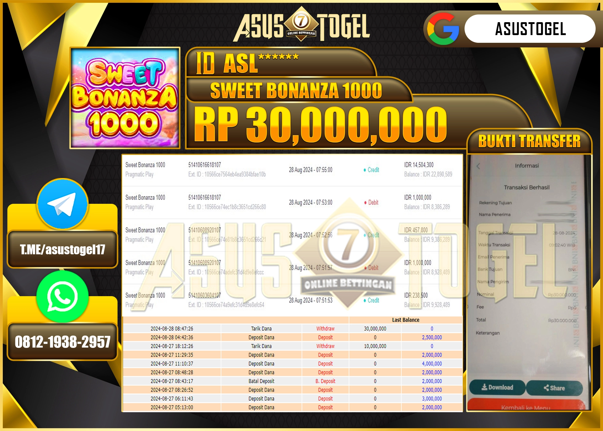 ASUSTOGEL KEMENANGAN DI SWEET BONANZA 1000 SEBESAR 30,000,000- RUPIAH LUNAS