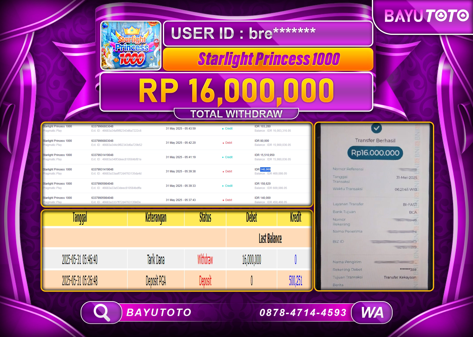 BAYUTOTO JACKPOT DI SLOT STARLIGHT PRINCES 1000 Rp.16,000,000 LUNAS