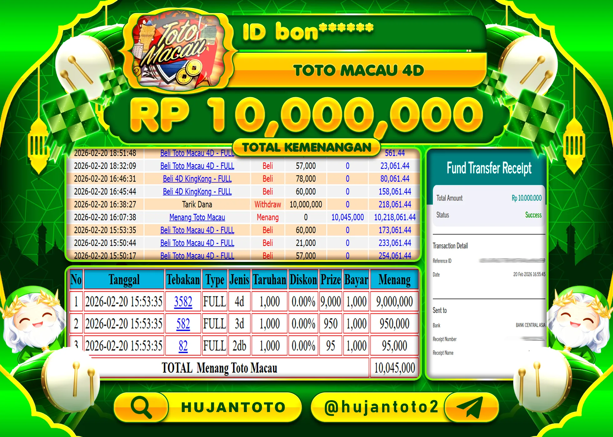 HUJANTOTO - BUKTI JACKPOT MENANG TOGEL TOTO MACAU 4D Rp.10,000,000 - TERBAYAR LUNAS