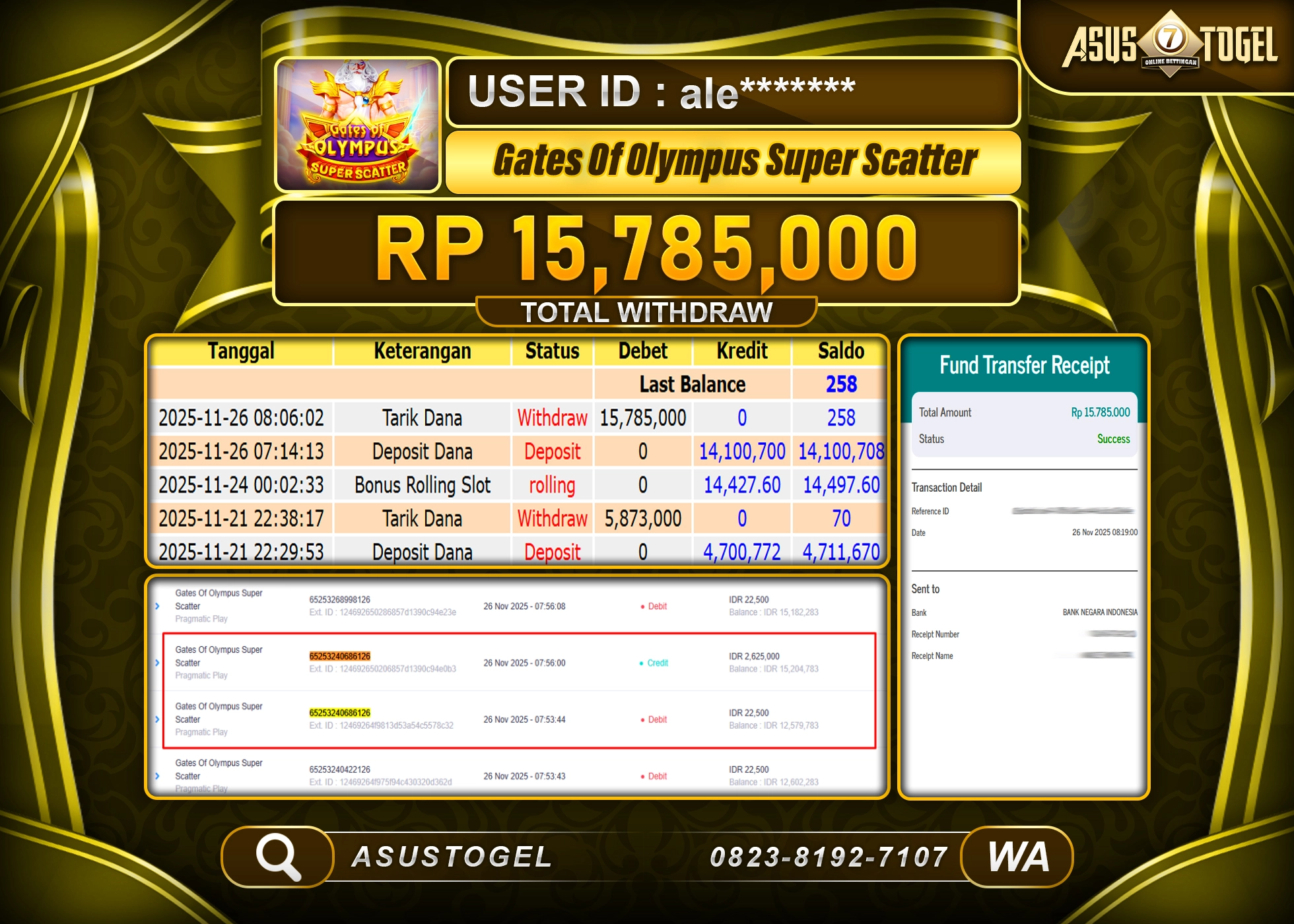 ASUSTOGEL KEMENANGAN DI SLOT GATES OF OLYMPUS SUPER SCATTER SEBESAR 15,785,000 - RUPIAH LUNAS
