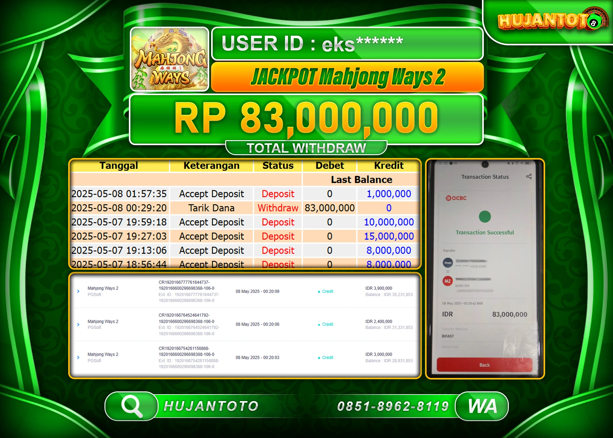 HUJANTOTO - BUKTI JACKPOT MENANG SLOT MAHJONG WAYS 2 Rp,83,000,000 - TERBAYAR LUNAS